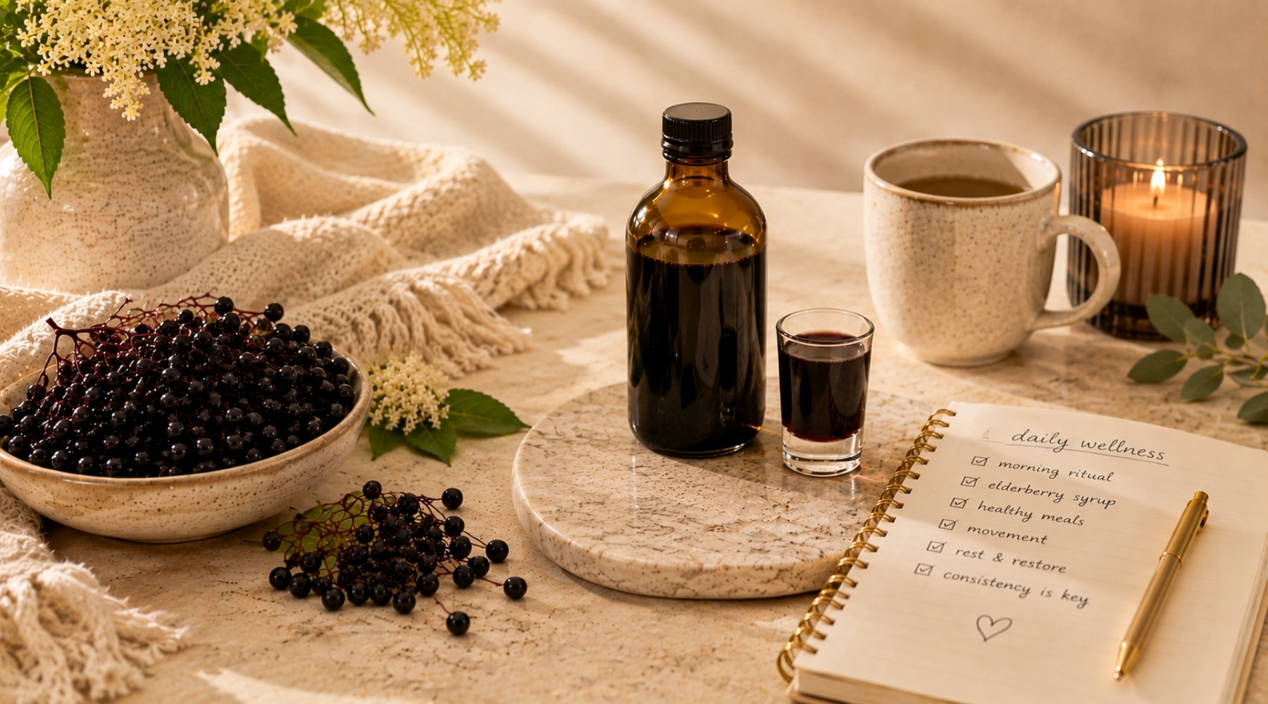 Elderberries and elderberry syrup displayed with a daily routine journal to support taking it daily.