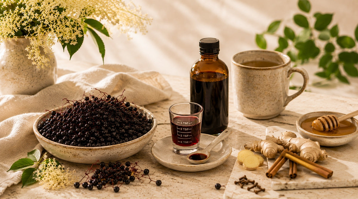 Black elderberries with whole spices and raw honey to support those looking for cold and flu relief.