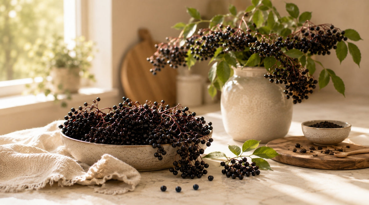 Whole-food elderberry syrup and elderberry bites made with European black elderberries.
