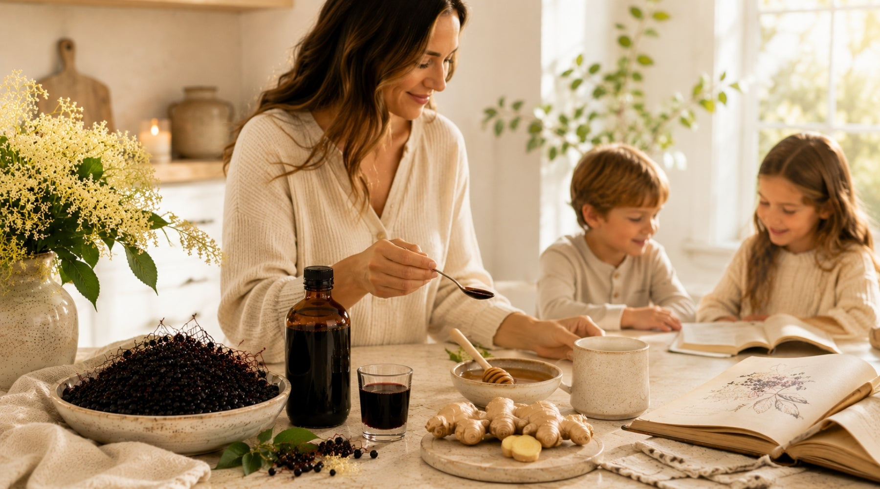 Mother and children in the kitchen enjoying elderberry syrup for daily wellness.