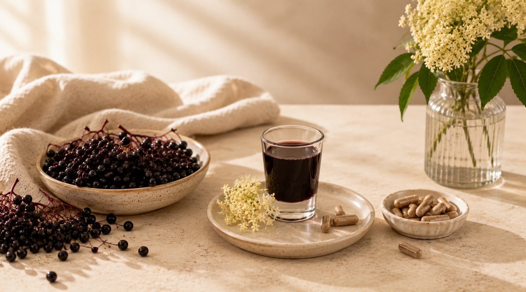 image of elderberries with syrup and pills to show elderberry pills vs syrup comparison