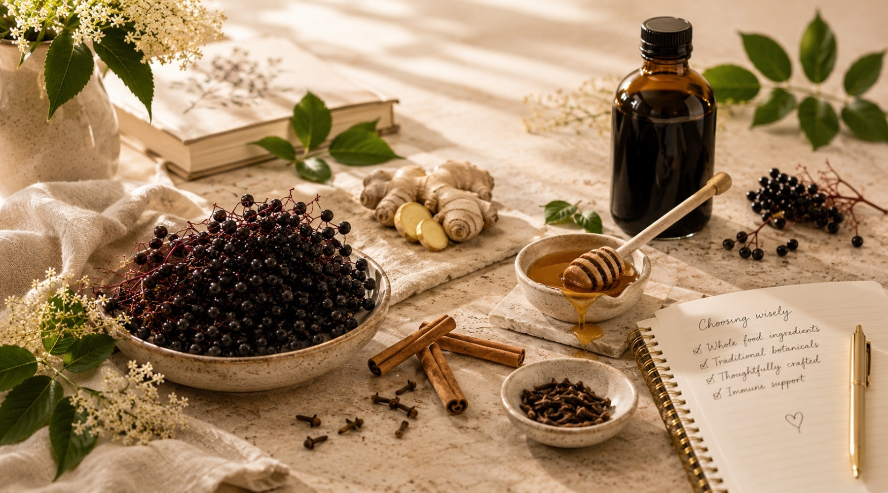 Black elderberries, ginger root, cinnamon sticks, whole cloves and raw honey displayed to represent the best elderberry syrup for immune support.