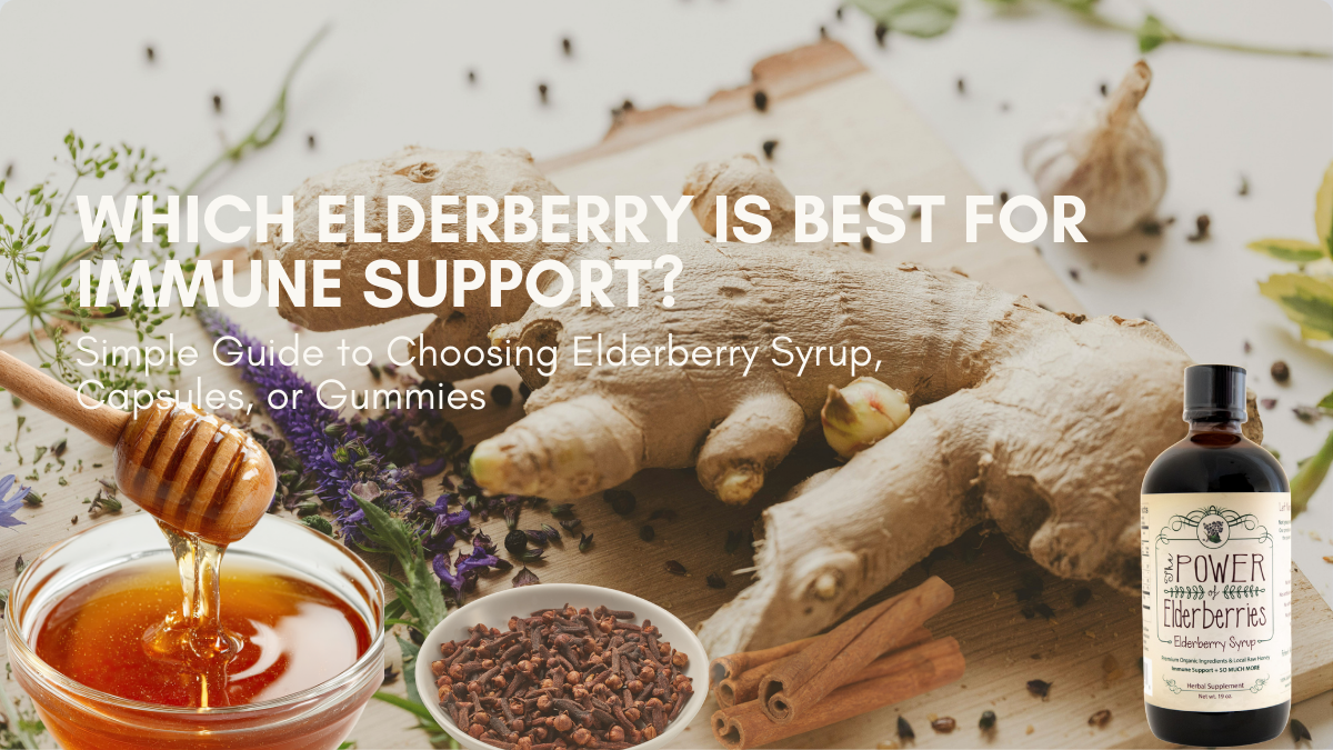 Black elderberry syrup in amber glass bottle with elderberries and spices representing immune support and traditional elderberry preparation.