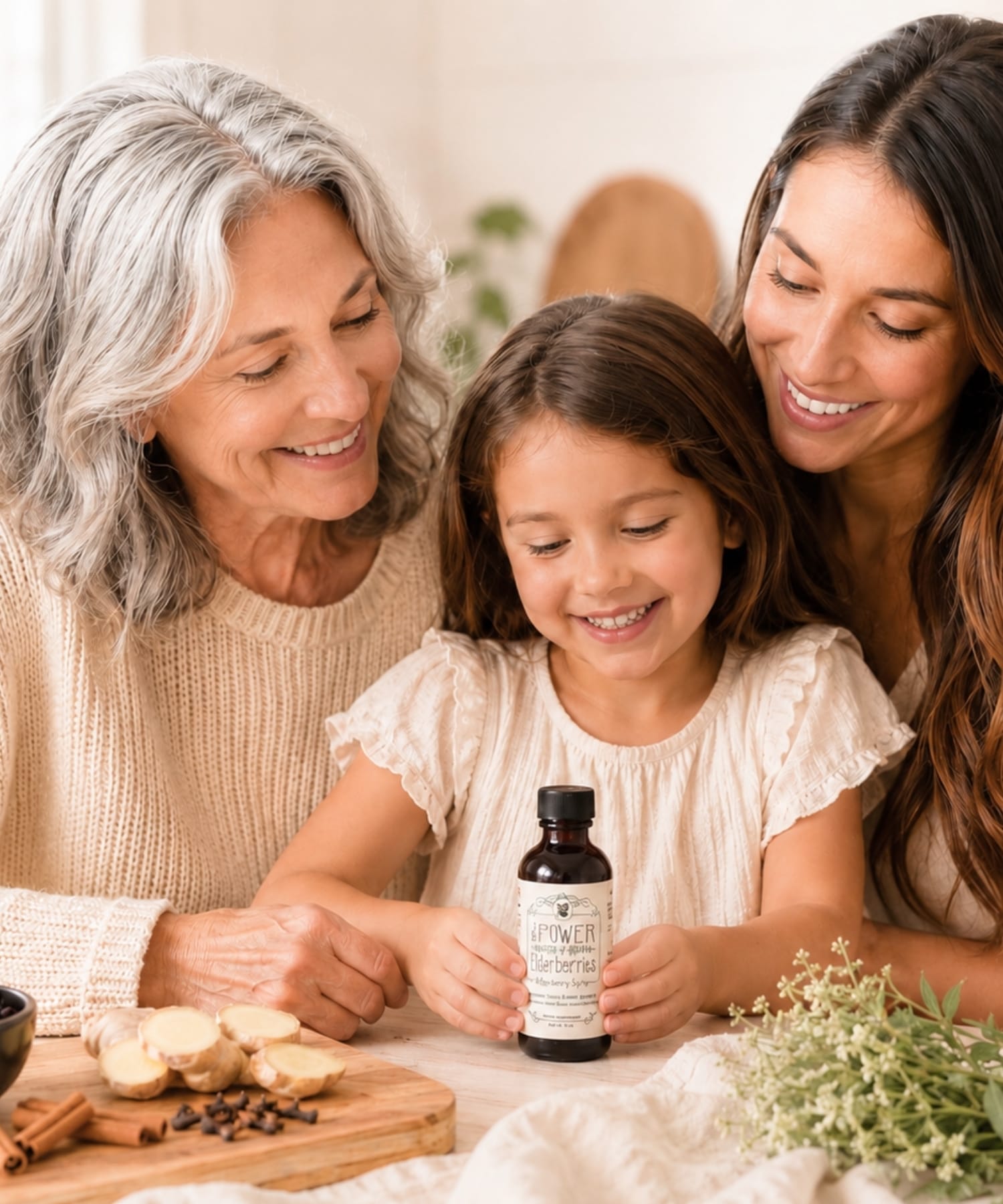 Family enjoying 10oz elderberry syrup for their daughter as part of her daily wellness routine.
