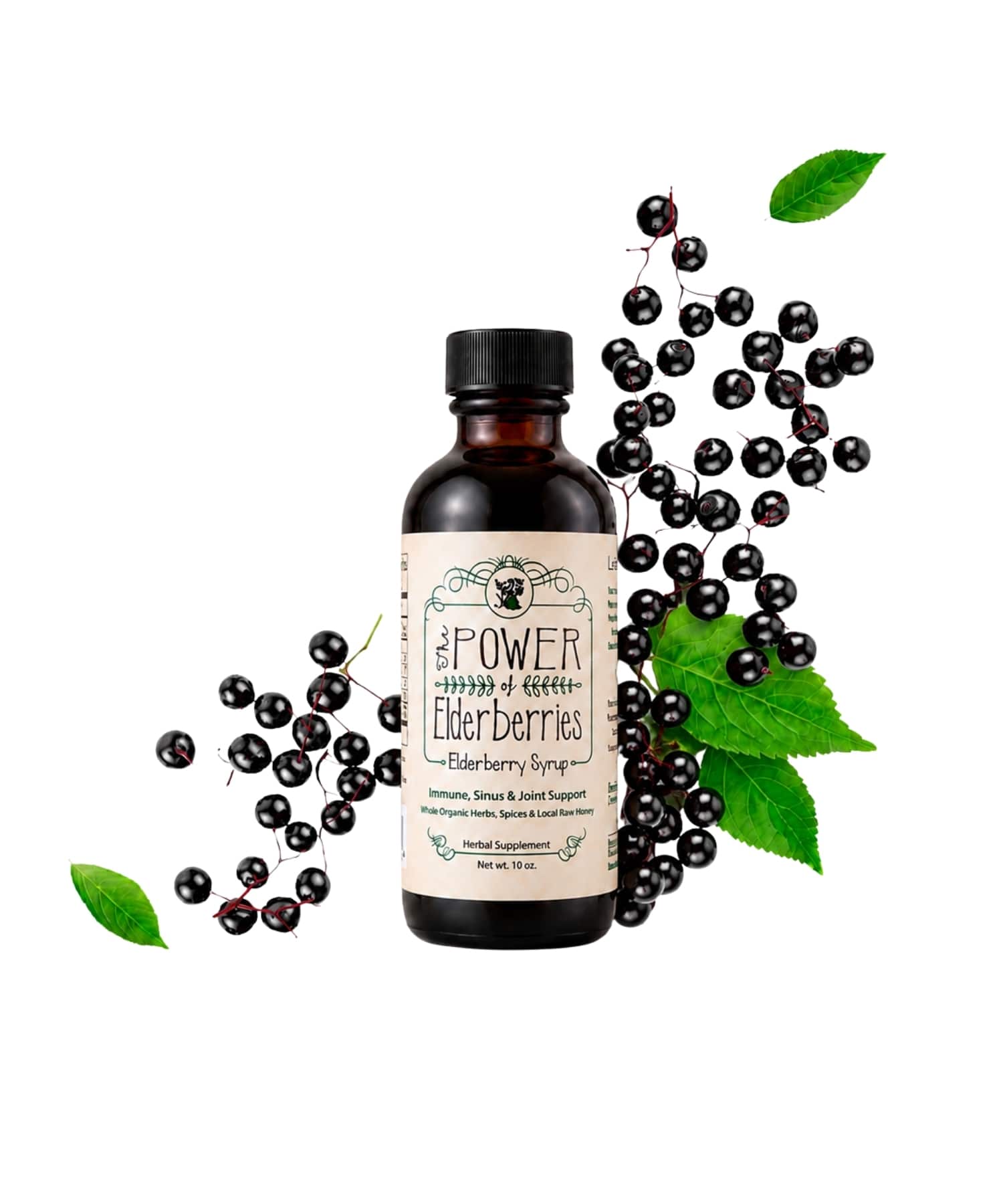 10oz elderberry syrup bottle with elderberries and leaves on a clean white background