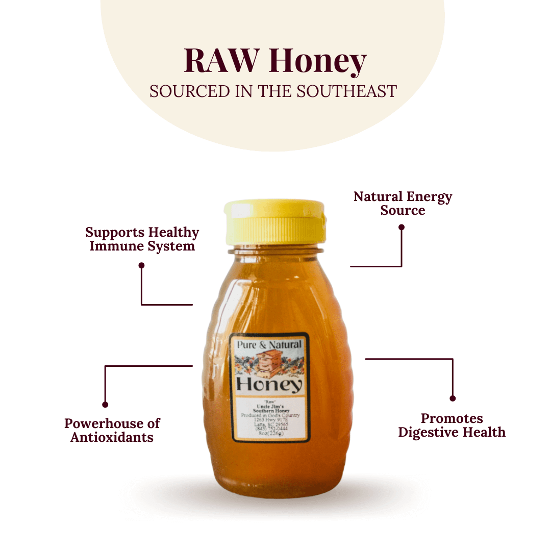 Raw honey sourced in the Southeast, supports immune system & digestive health.