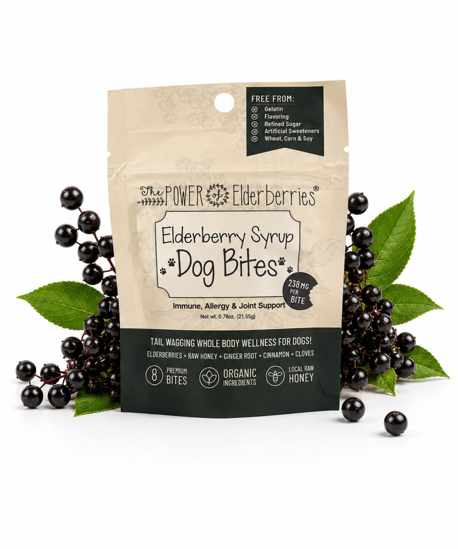 Elderberry Syrup Dog Bites™ 8-count travel pouch made with organic elderberries and whole-food ingredients for daily dog wellness support.