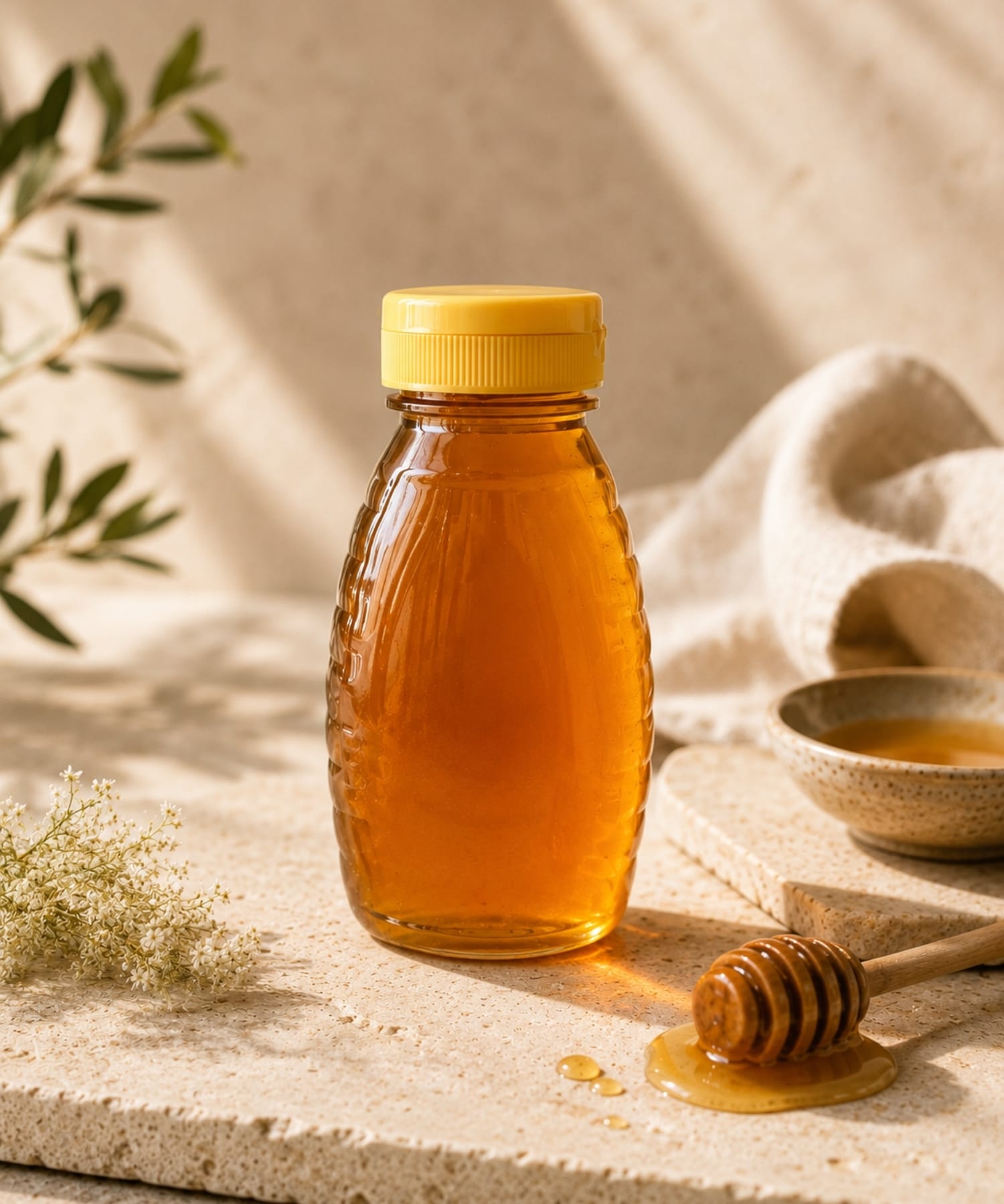 Local raw honey beside warm tea and lemon in a cozy wellness setting.