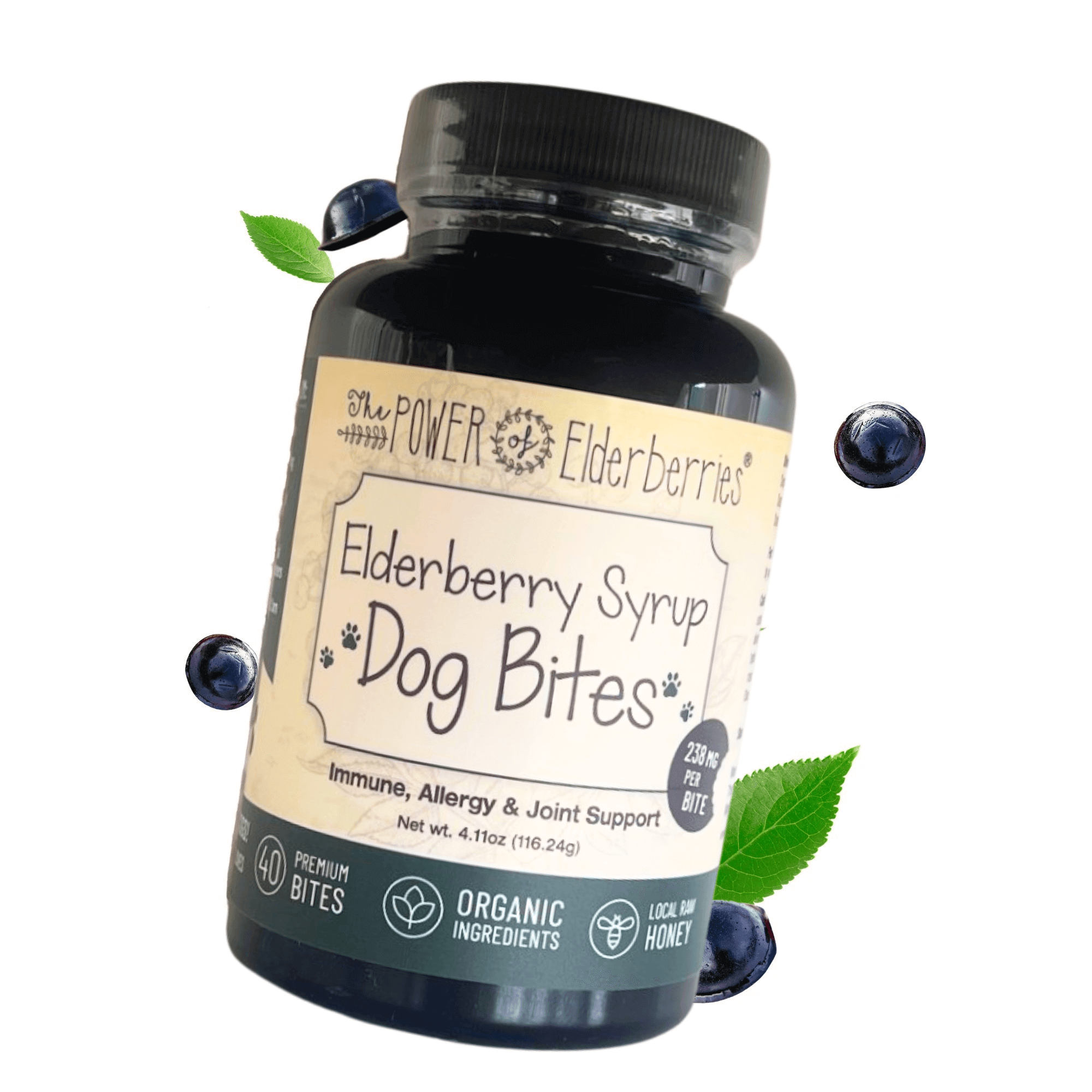 The POWER of Elderberries Elderberry Syrup Dog Bites 40ct. Bottle with pictures of the actual product shown.