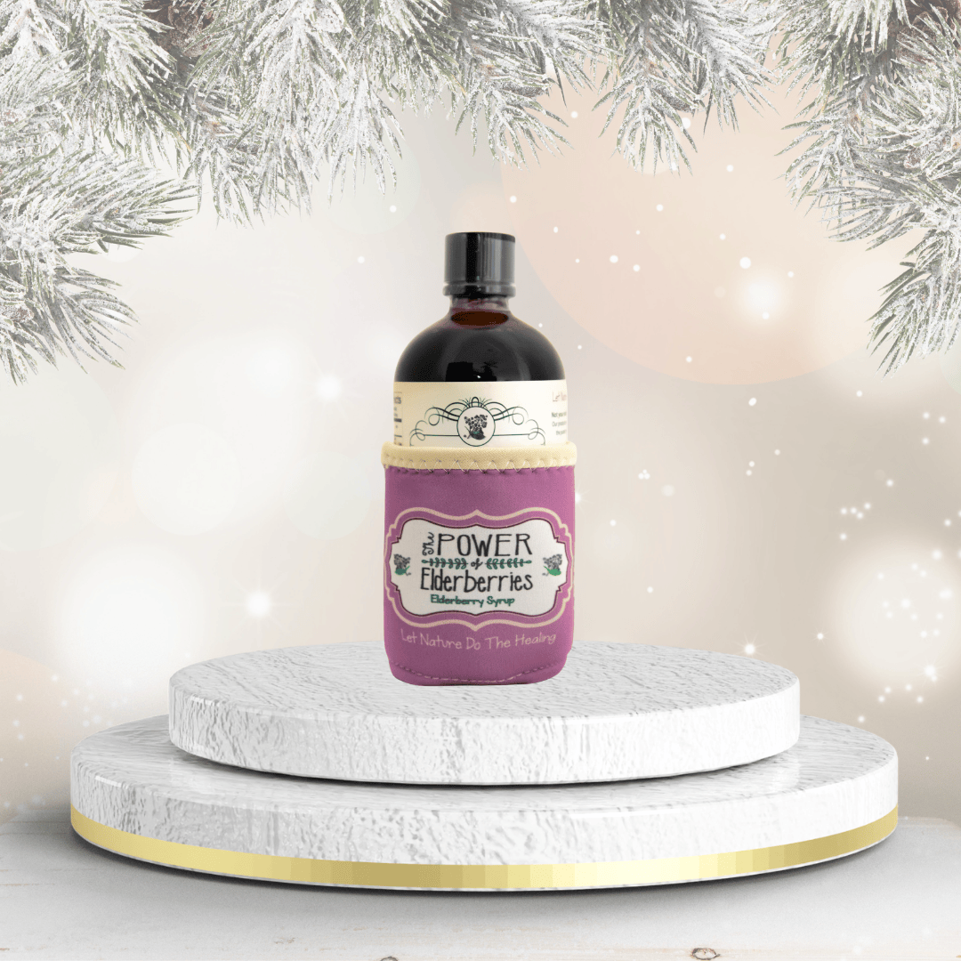 Freezable koozie that fits perfectly around our signature elderberry syrup liquid bottles.