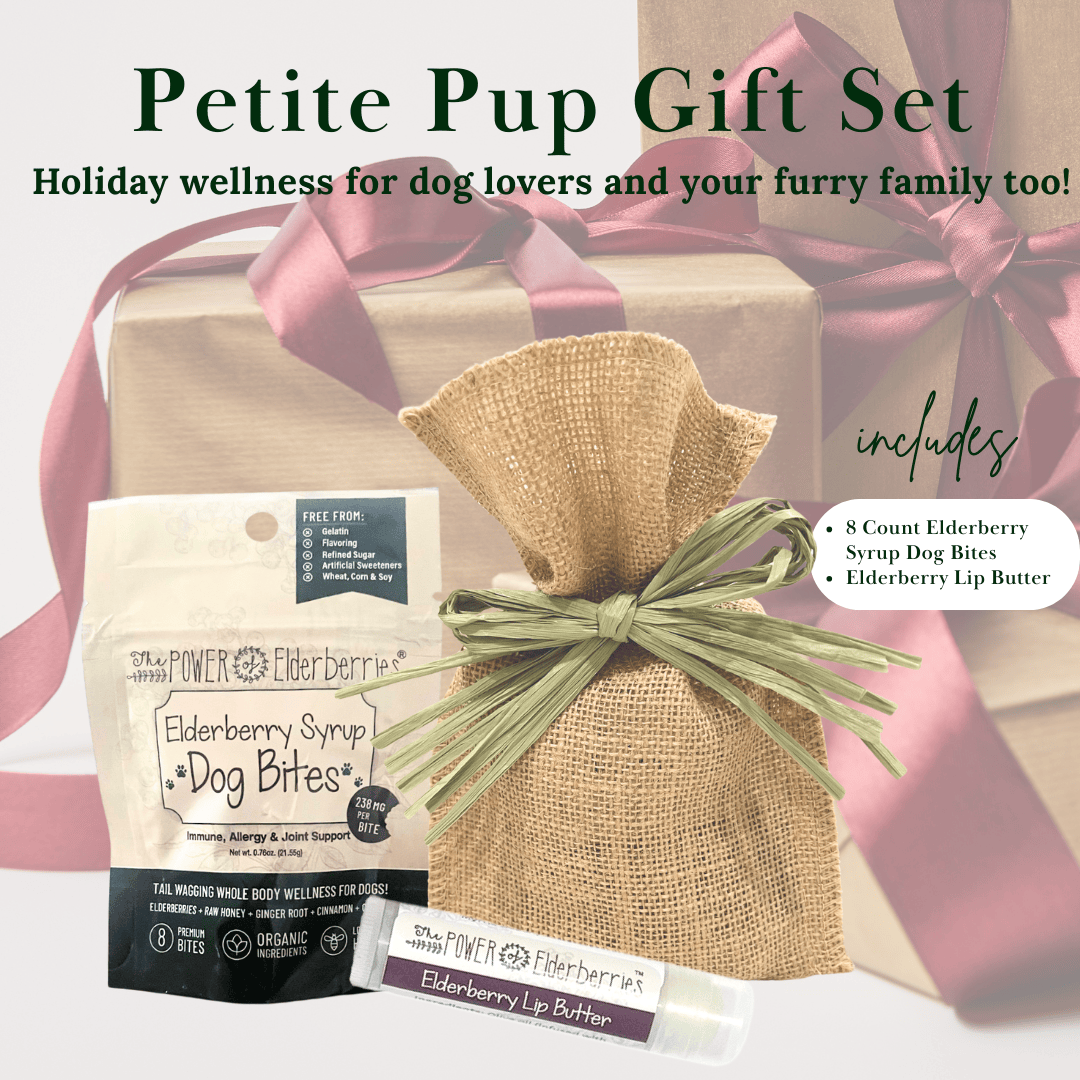 The perfect wellness gift for your pup! Includes our elderberry syrup dog bites and lip butter.