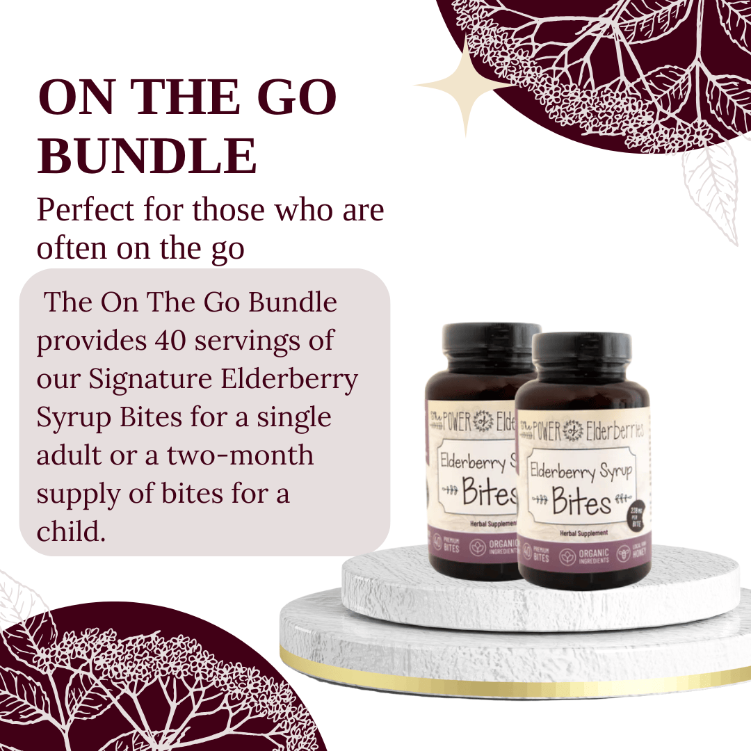 The POWER of Elderberries Signature Elderberry Syrup Bites 40ct. 2 pack serving suggestions outlined.