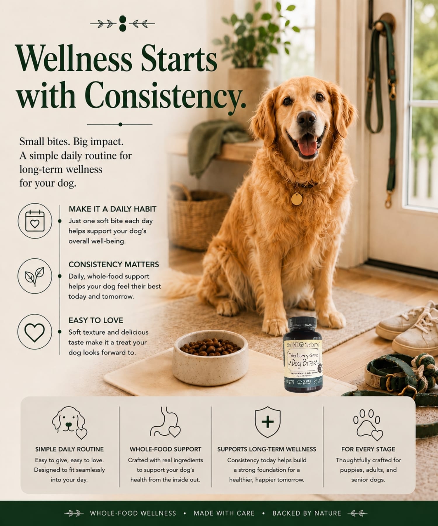 Dog wellness consistency graphic featuring Elderberry Syrup Dog Bites™ for daily routines