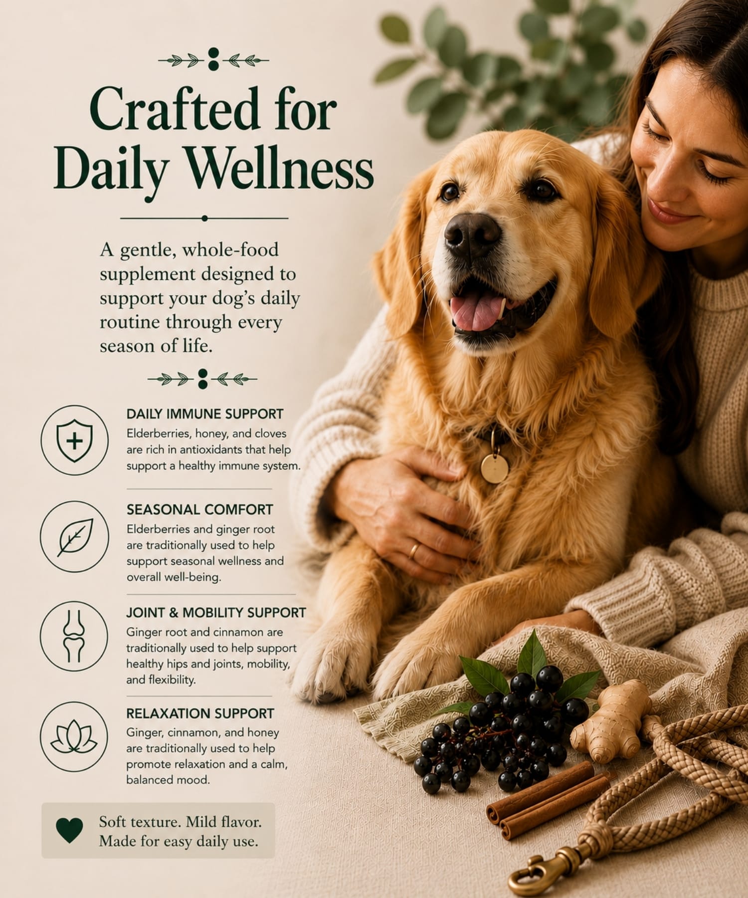 Woman with dog featuring Elderberry Syrup Dog Bites™ crafted for daily wellness routines.