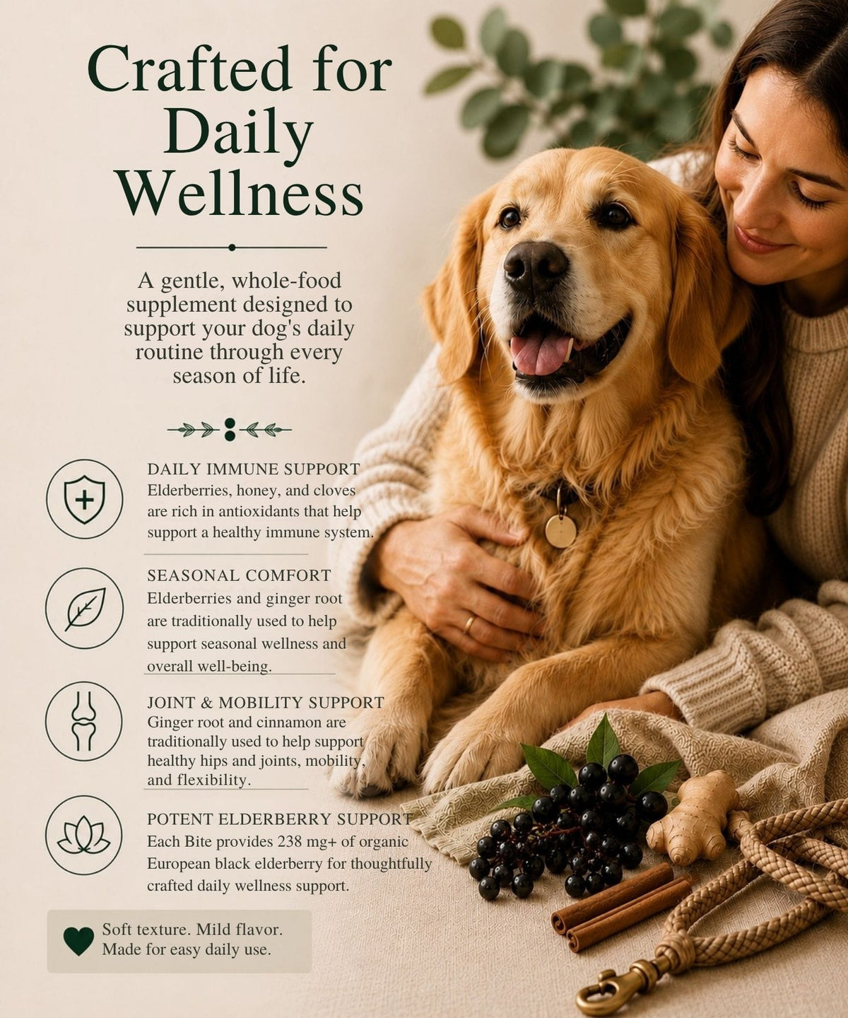 A promotional graphic for an elderberry syrup dog bite supplement featuring a golden retriever being pet by a woman, with text detailing benefits like immune support, seasonal comfort, joint mobility, and elderberry support.