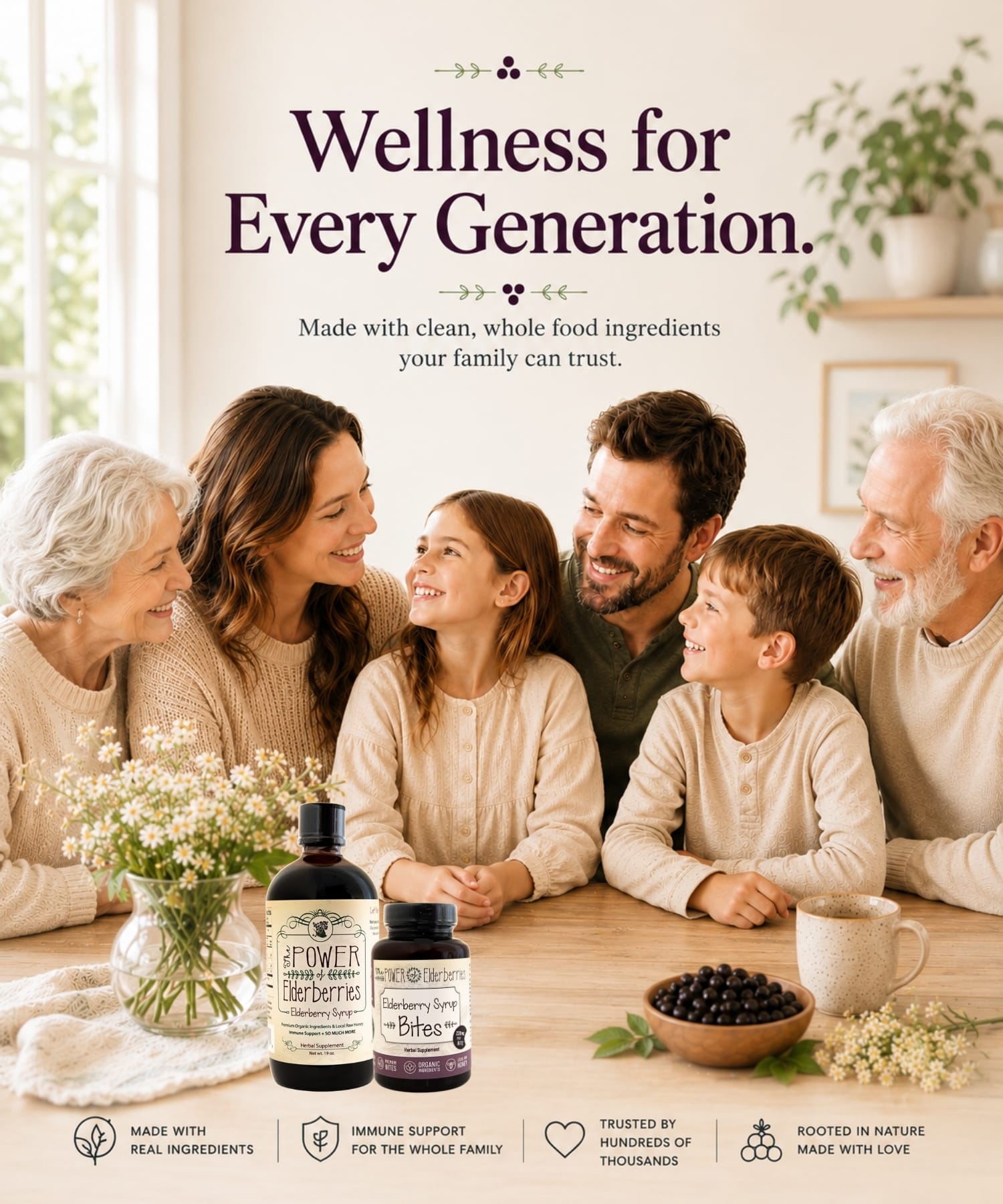 A multi generational family sitting at a table enjoying The POWER of Elderberries daily wellness products.