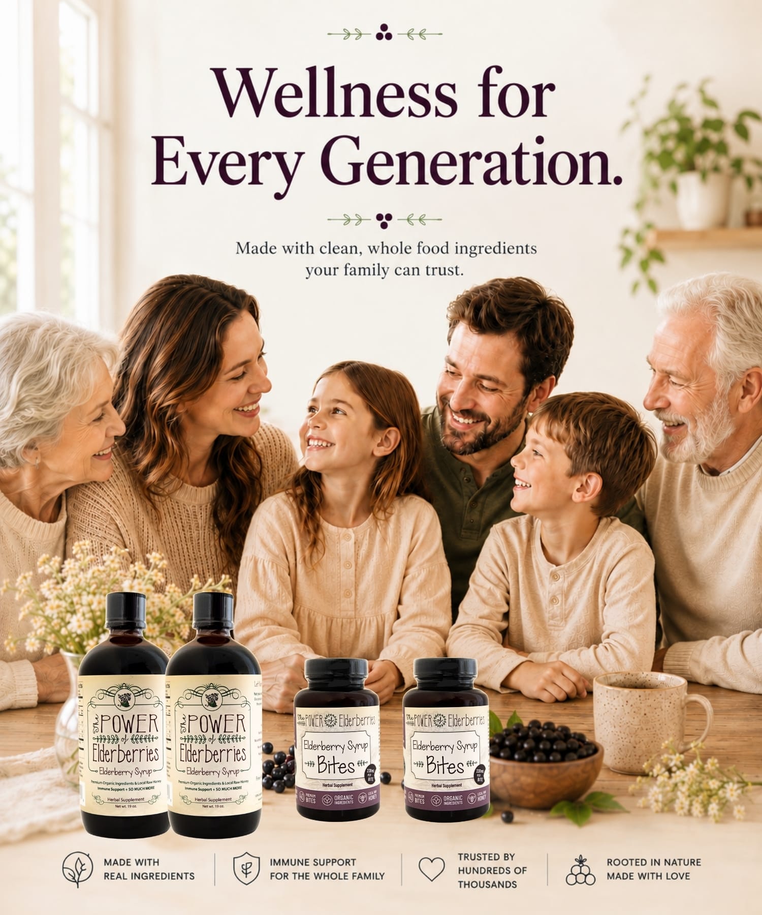Multi-generational family enjoying The POWER of Elderberries elderberry wellness products.