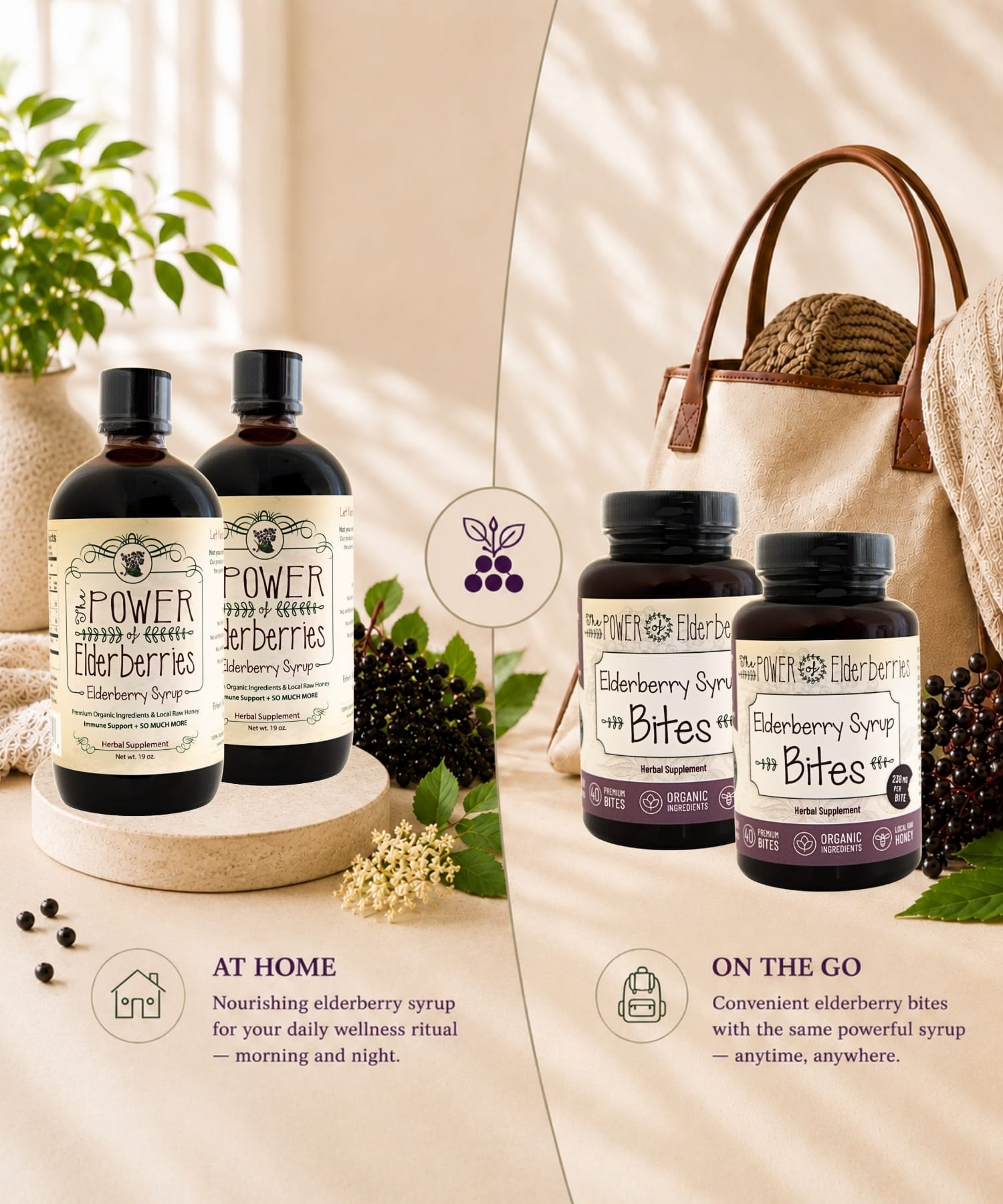 Daily Essentials Plus Bundle combining elderberry syrup for home routines and elderberry syrup bites for convenient wellness anywhere.
