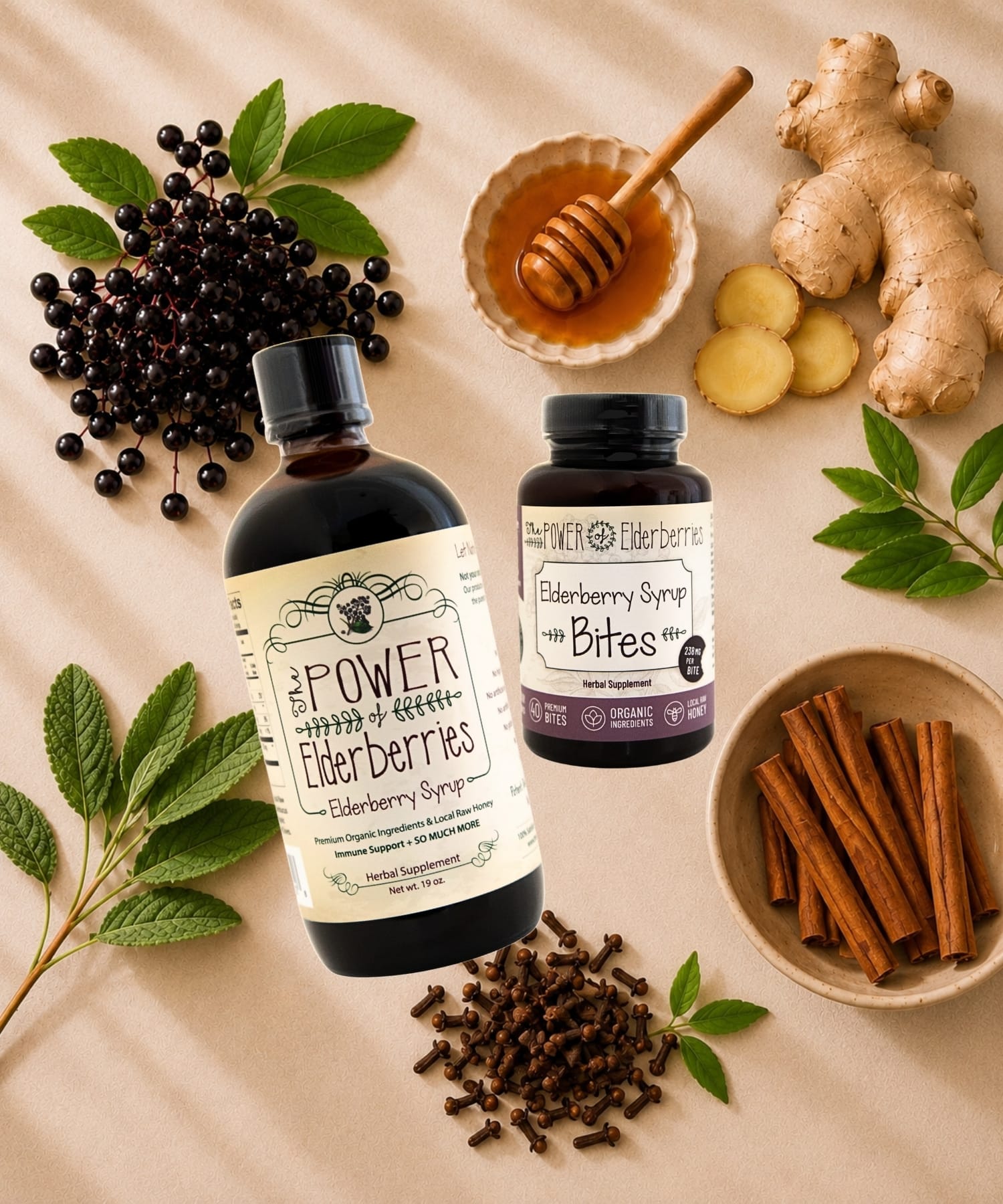 Daily Essentials Plus Bundle surrounded by organic elderberries, ginger root, cinnamon, raw honey, and whole food ingredients.