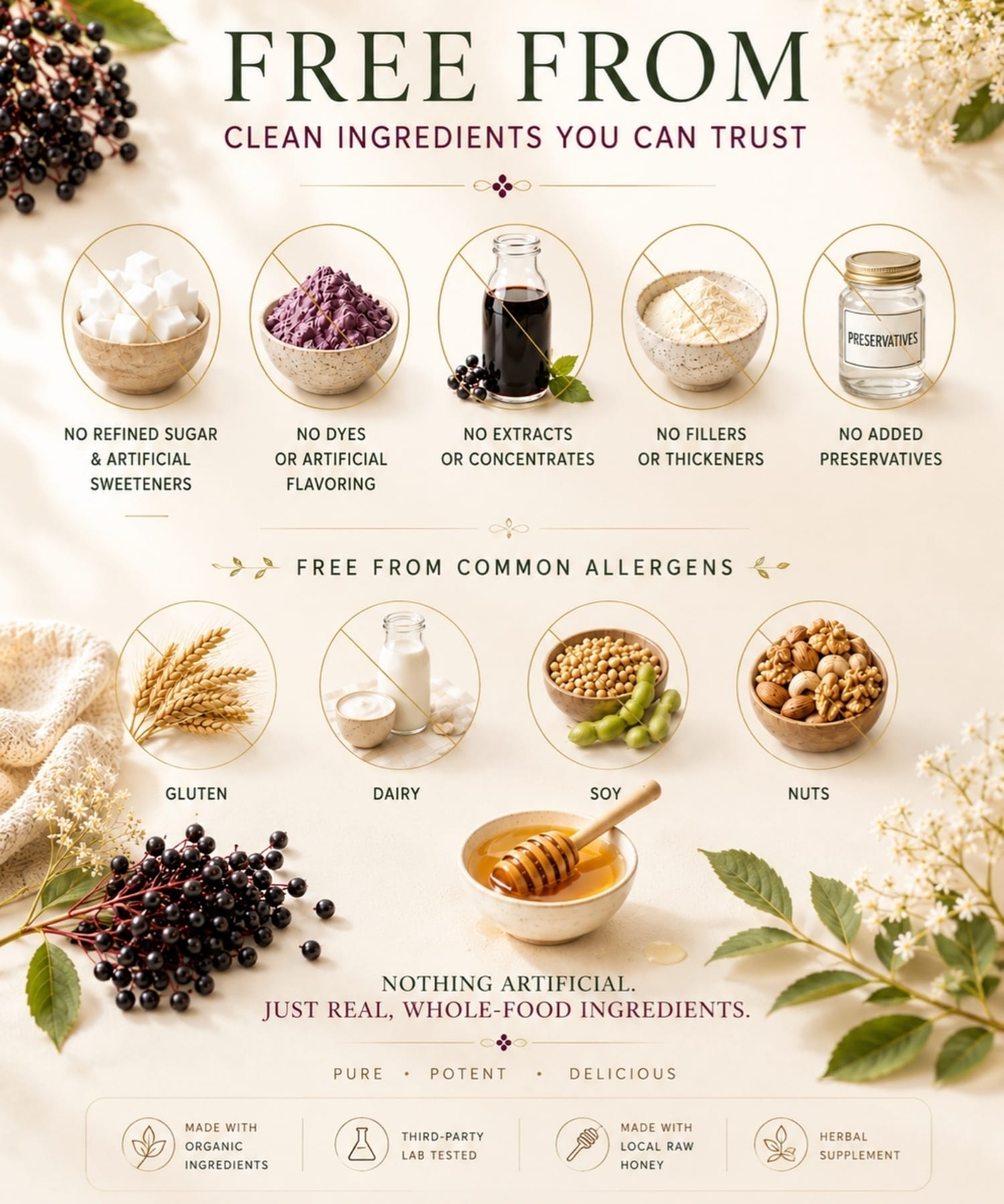 Clean ingredients graphic showing elderberry syrup free from refined sugar, artificial ingredients, concentrates, fillers, preservatives, gluten, daily, soy, and nuts.