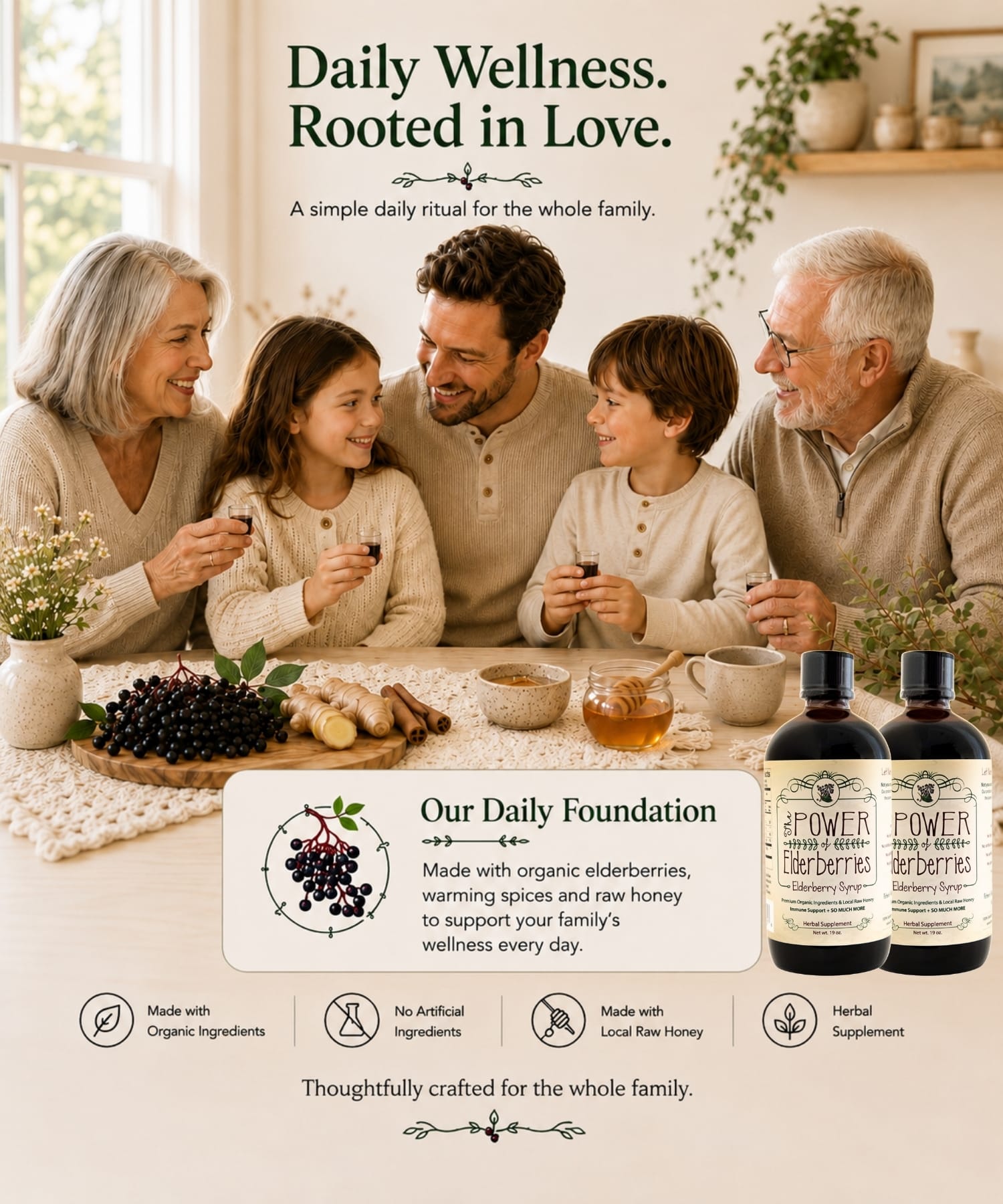 Multi-generational family enjoying wellness ritual with handcrafted elderberry syrup made from whole food ingredients.