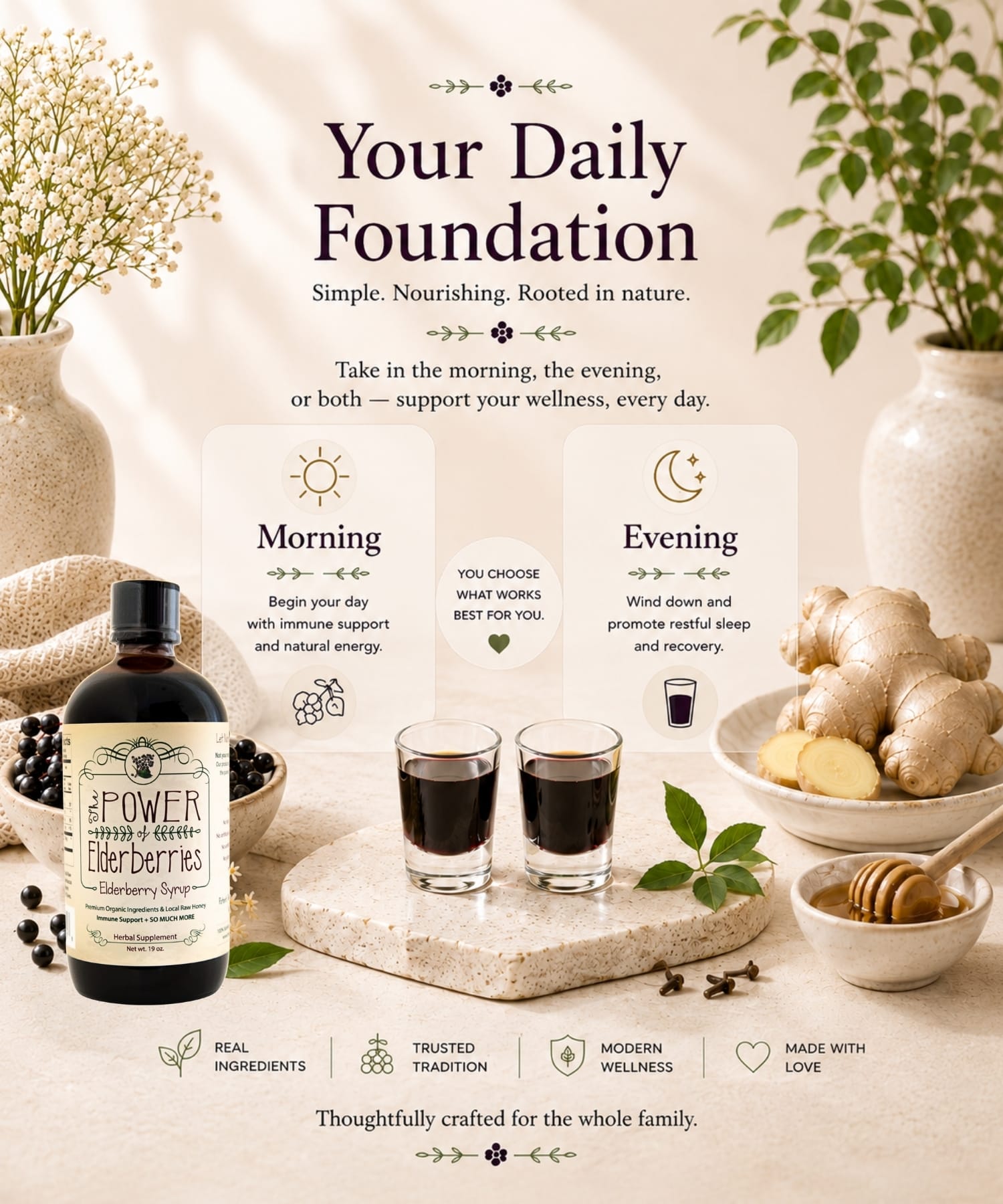 Daily wellness ritual graphic featuring a bottle of elderberry syrup for morning and evening routines made with organic elderberries and warming spices.