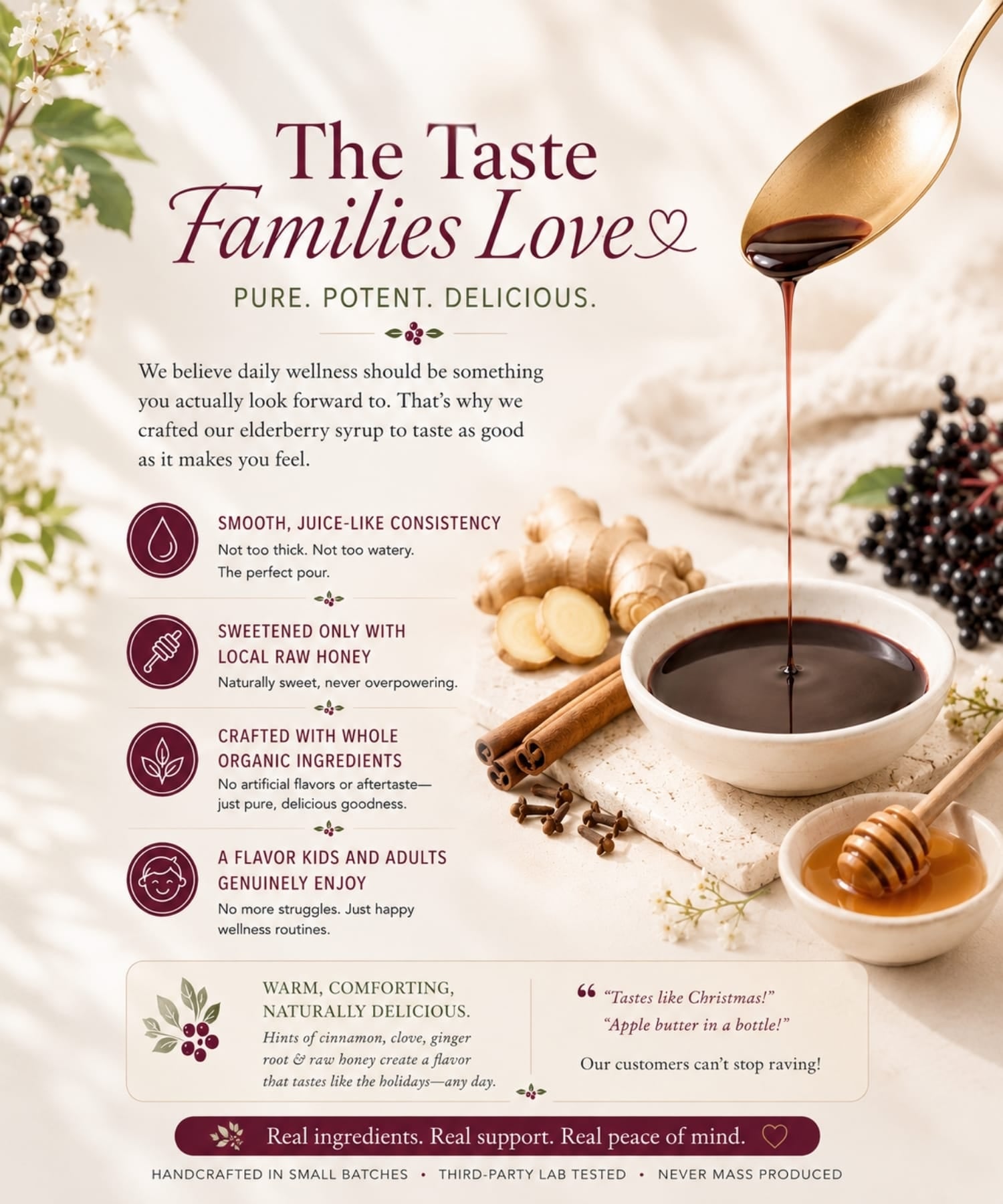Pure, potent, and delicious handcrafted elderberry syrup made with premium organic ingredients, and sweetened only with local raw honey.