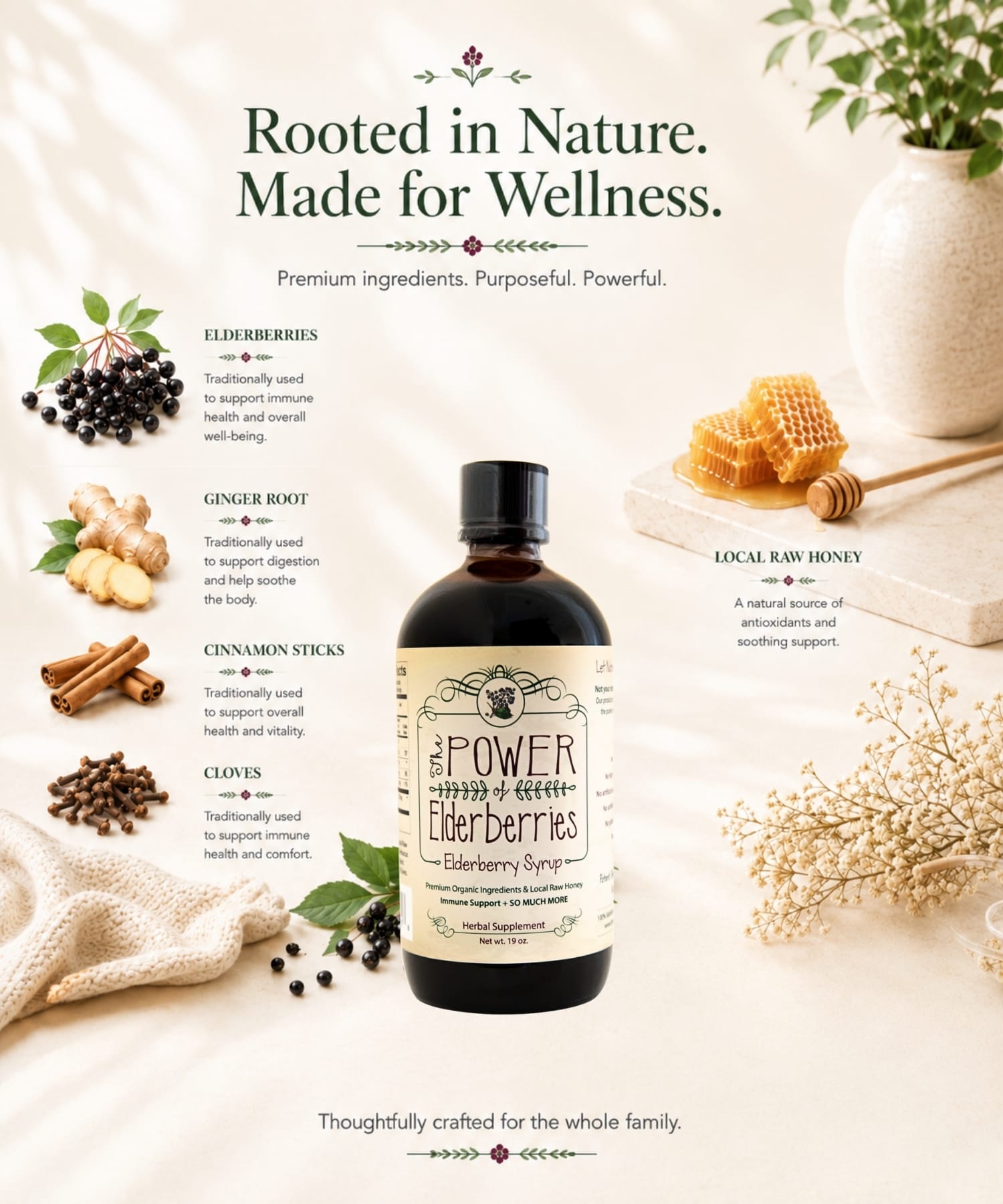 Clean ingredients graphic showing elderberry syrup free from refined sugar, artificial ingredients, concentrates, fillers, preservatives, gluten, daily, soy, and nuts.