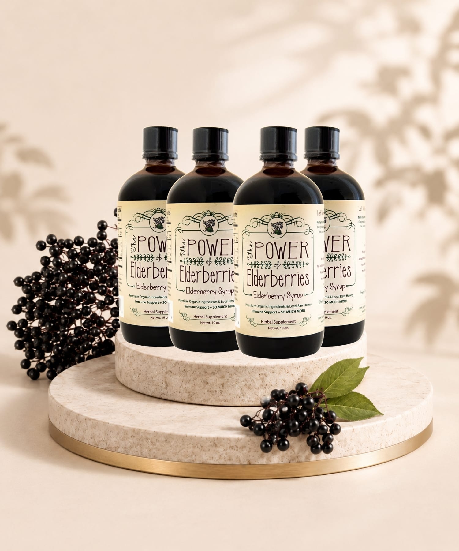 Daily Foundation Plus Bundle four bottles of premium elderberry syrup sitting on a pedestal.