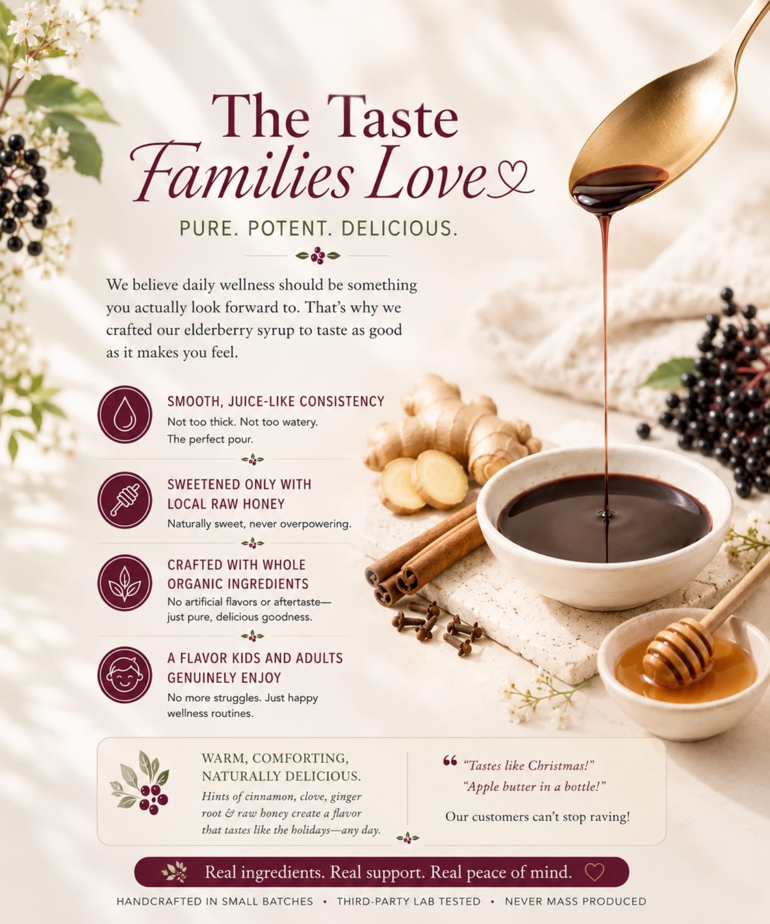 Delicious handcrafted elderberry syrup that families love made with premium organic ingredients, and sweetened only with local raw honey.