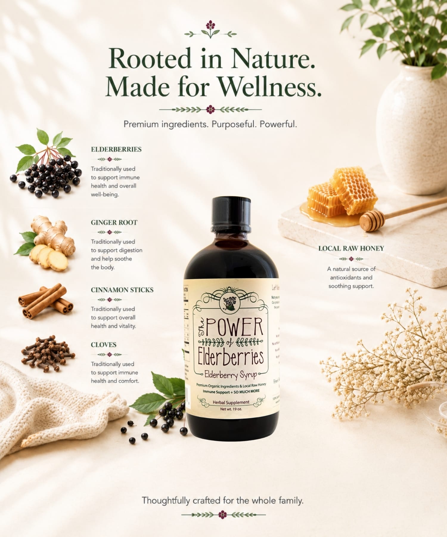 Premium whole food ingredients used in handcrafted elderberry syrup including elderberries, ginger root, cinnamon sticks, cloves, and local raw honey.