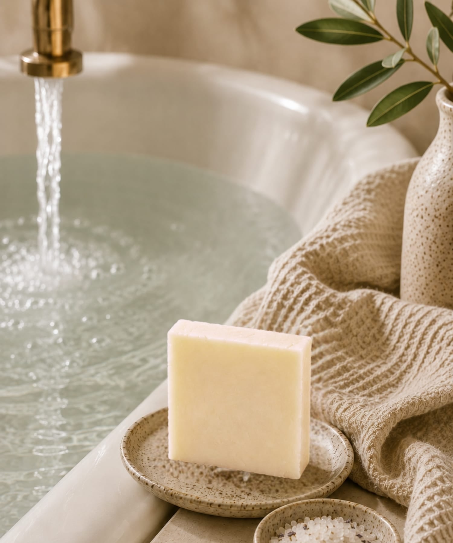 Handcrafted unscented castile goat milk soap bar in dish next to bathtub.