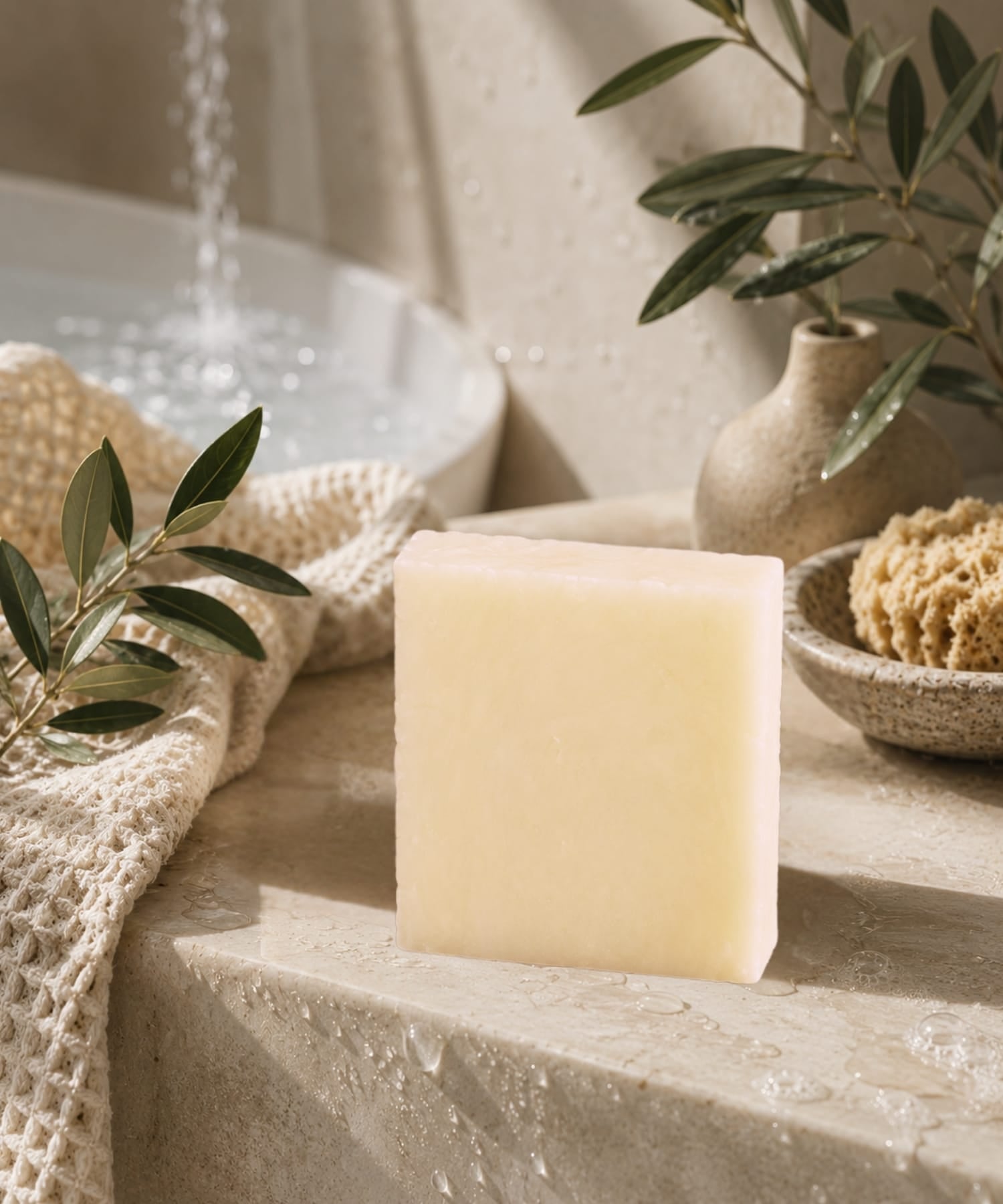 Daily ritual bar castile goat milk soap on a stone surface with a plant and towel in the background.