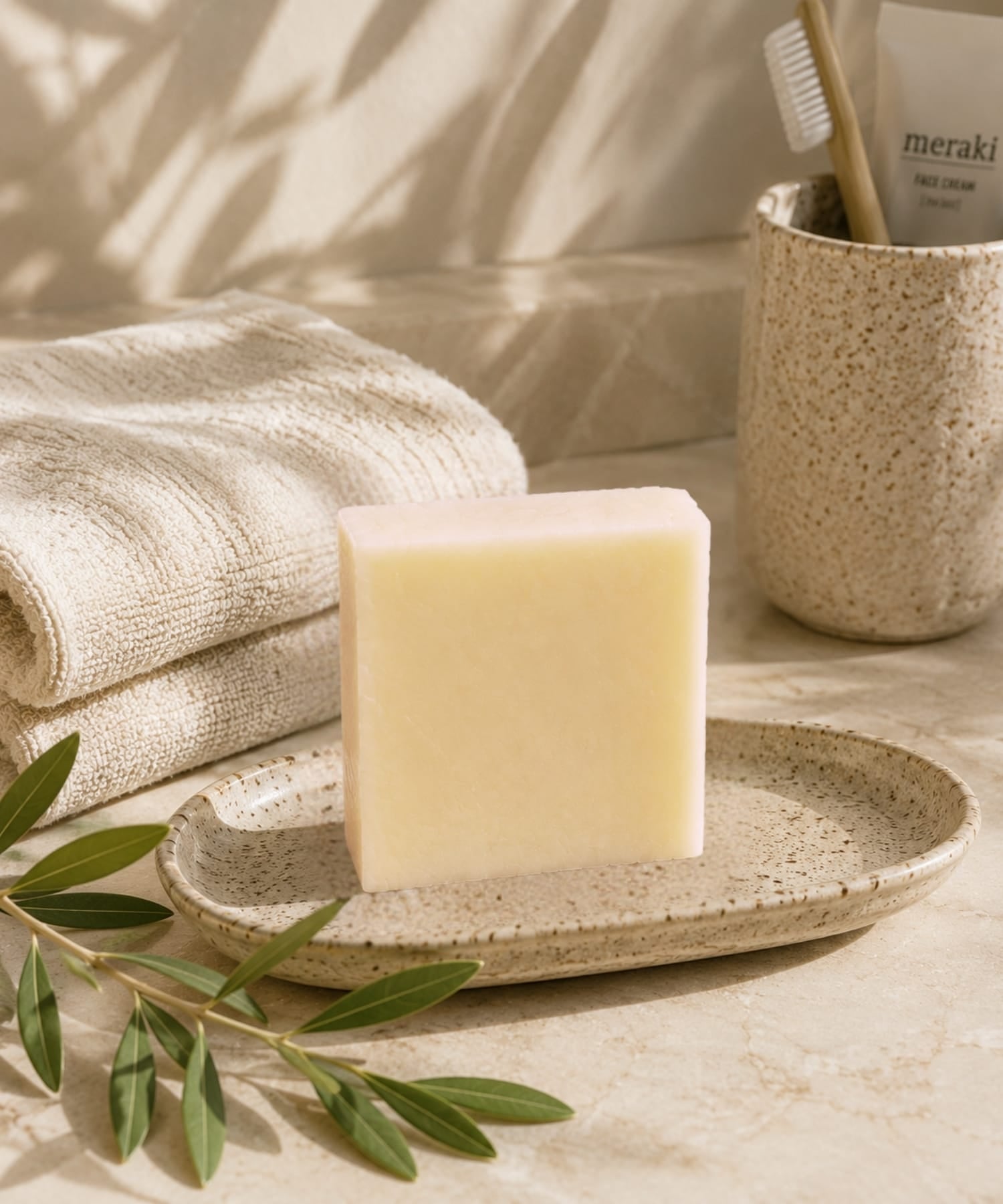 Handcrafted unscented castile goat milk soap bar on dish next to towel.