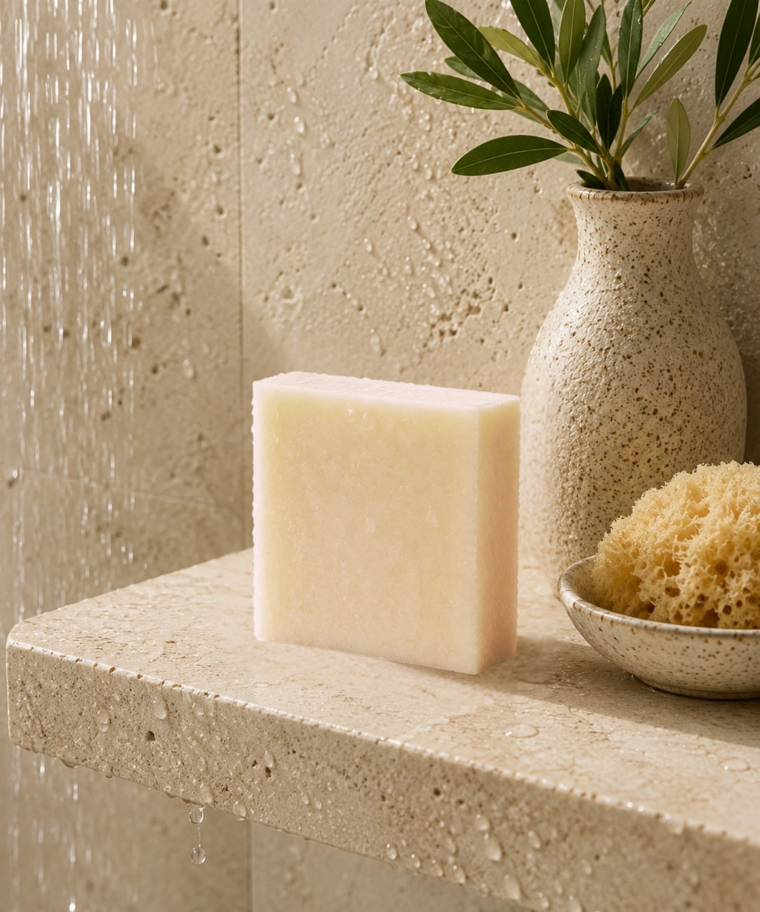 Handcrafted unscented castile goat milk soap bar on bath ledge.
