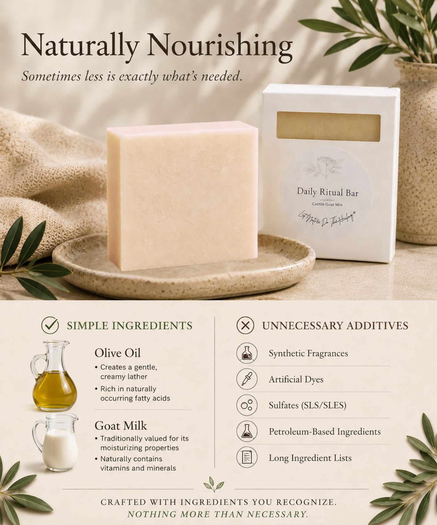 Handcrafted unscented castile goat milk soap bar simple ingredients comparison.