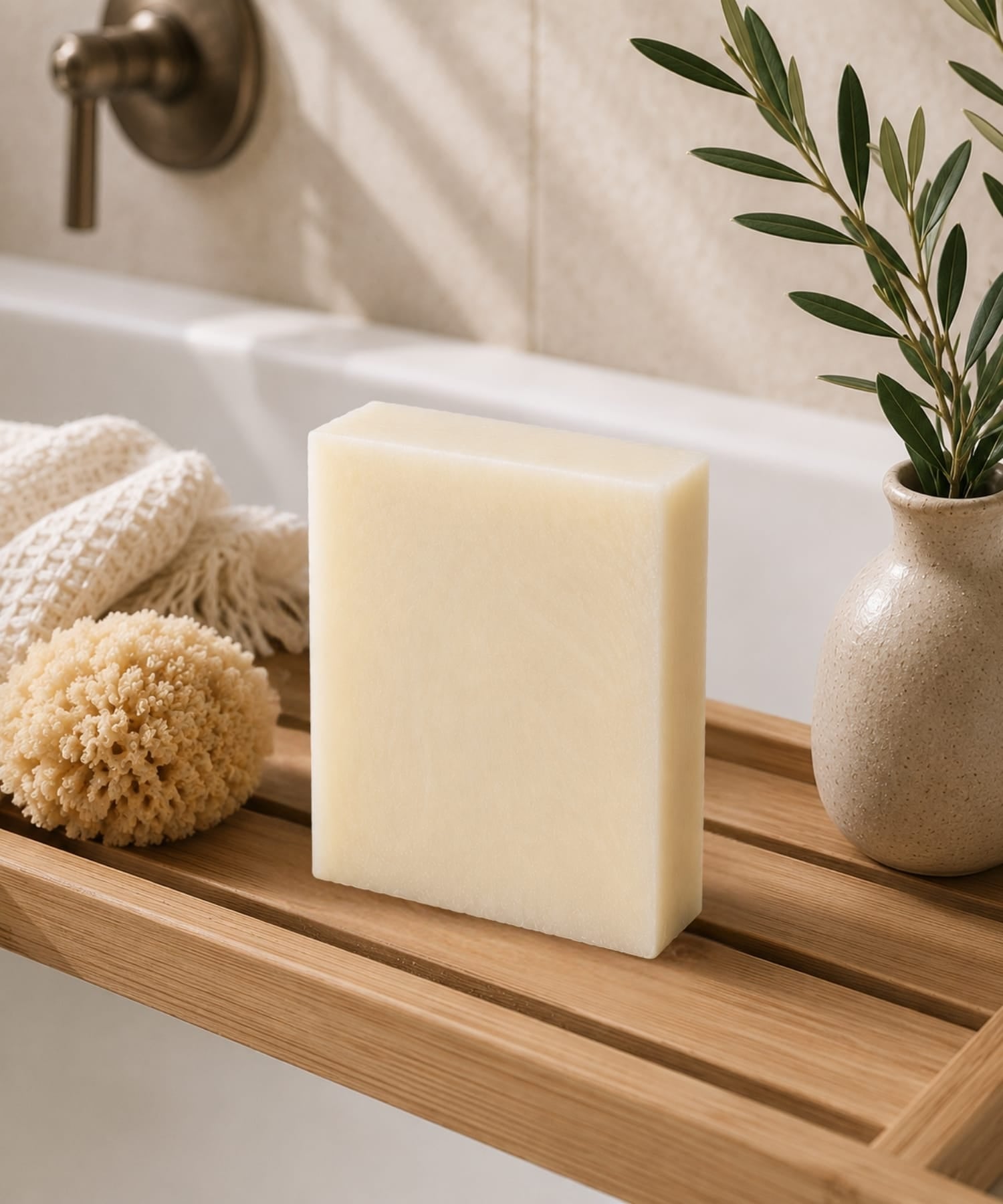 Unscented shea butter and coconut oil soap on wooden bath tray creating a calming spa experience.