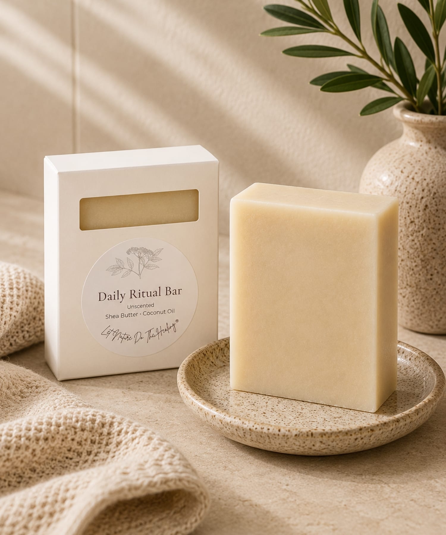 Daily Ritual Bar of soap on a stone plate with packaging and a plant in the background