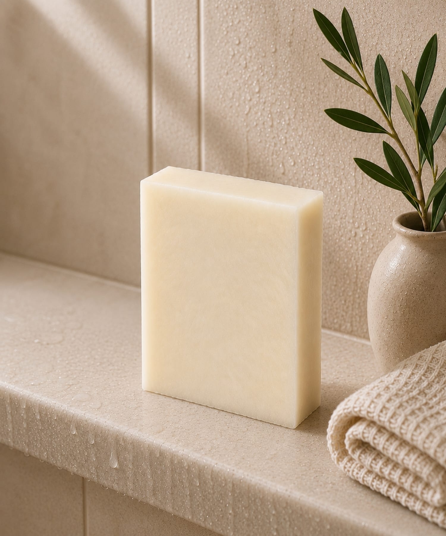 Unscented shea butter and coconut oil soap on wooden bath tray creating a calming spa experience.