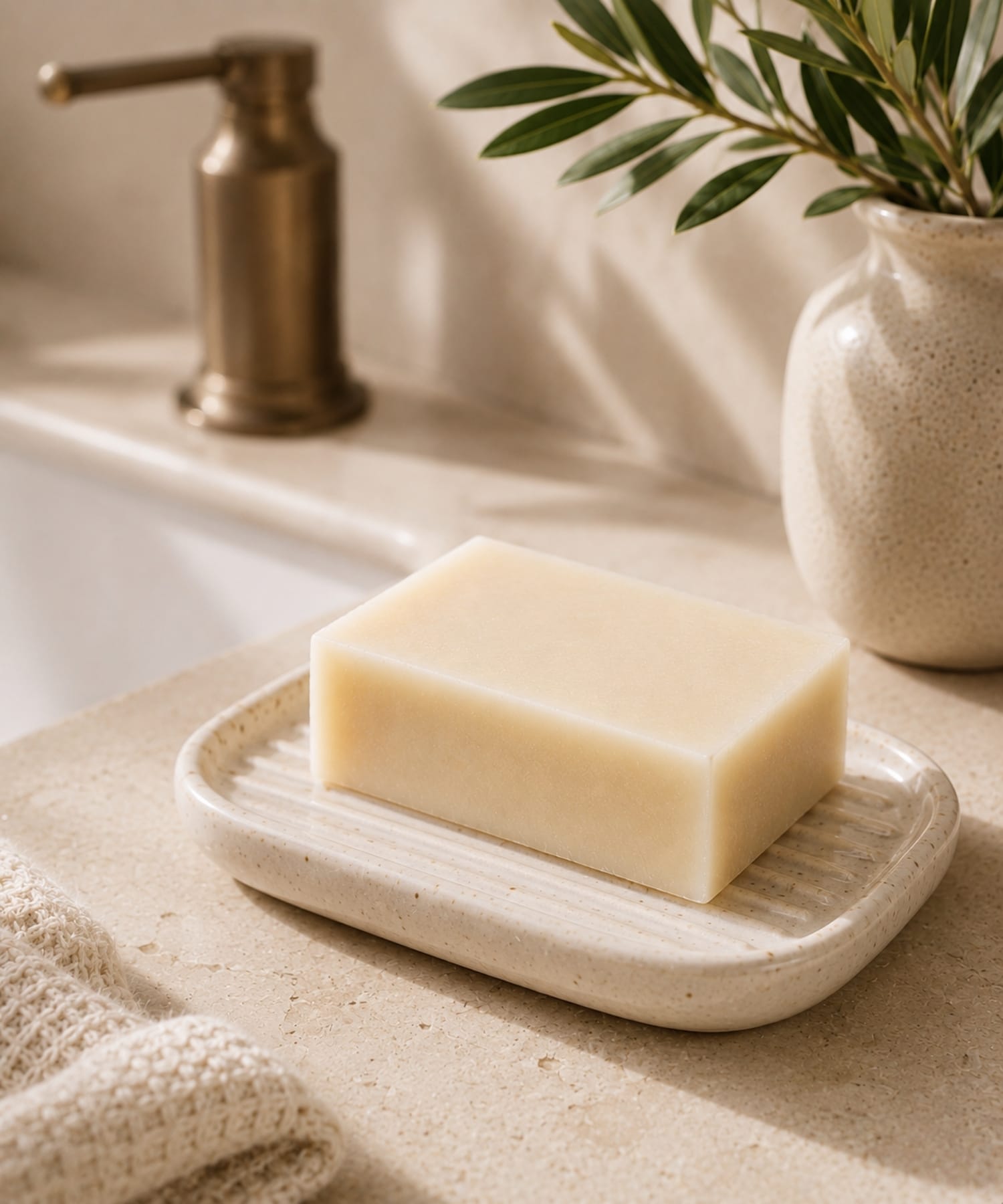 Unscented shea butter and coconut oil soap resting on ceramic soap dish in luxury neutral bathroom setting.