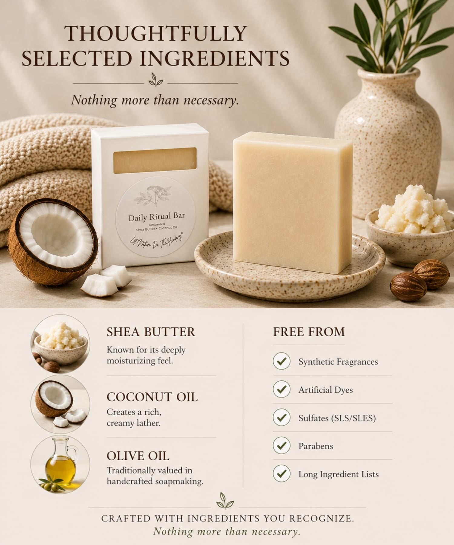 Bar of soap on a plate with coconut, olive, and shea butter, and text about thoughtfully selected ingredients.
