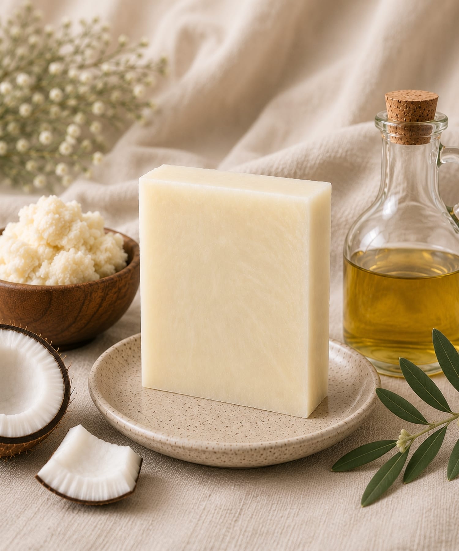 Bar of soap on a plate with coconut pieces, shea butter and a bottle of oil on a neutral background.