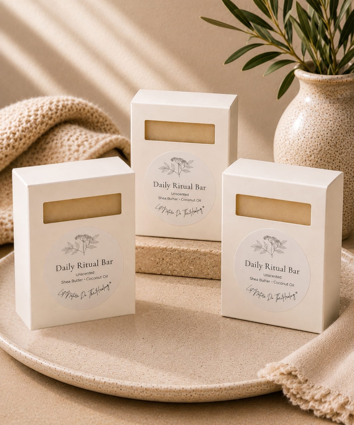Three boxes of 'Daily Ritual Bar' Shea Butter and Coconut Oil on a beige surface with a vase and plant in the background.