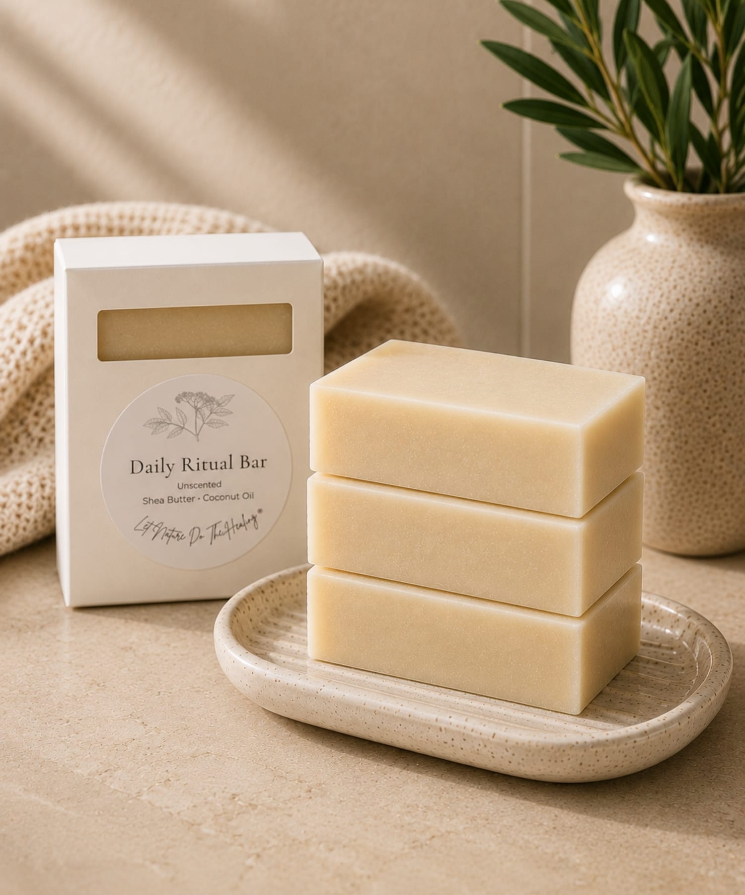 Three bars of soap on a stone tray with a packaging box labeled 'Daily Ritual Bar' unscented Shea Butter & Coconut Oil on a neutral background.