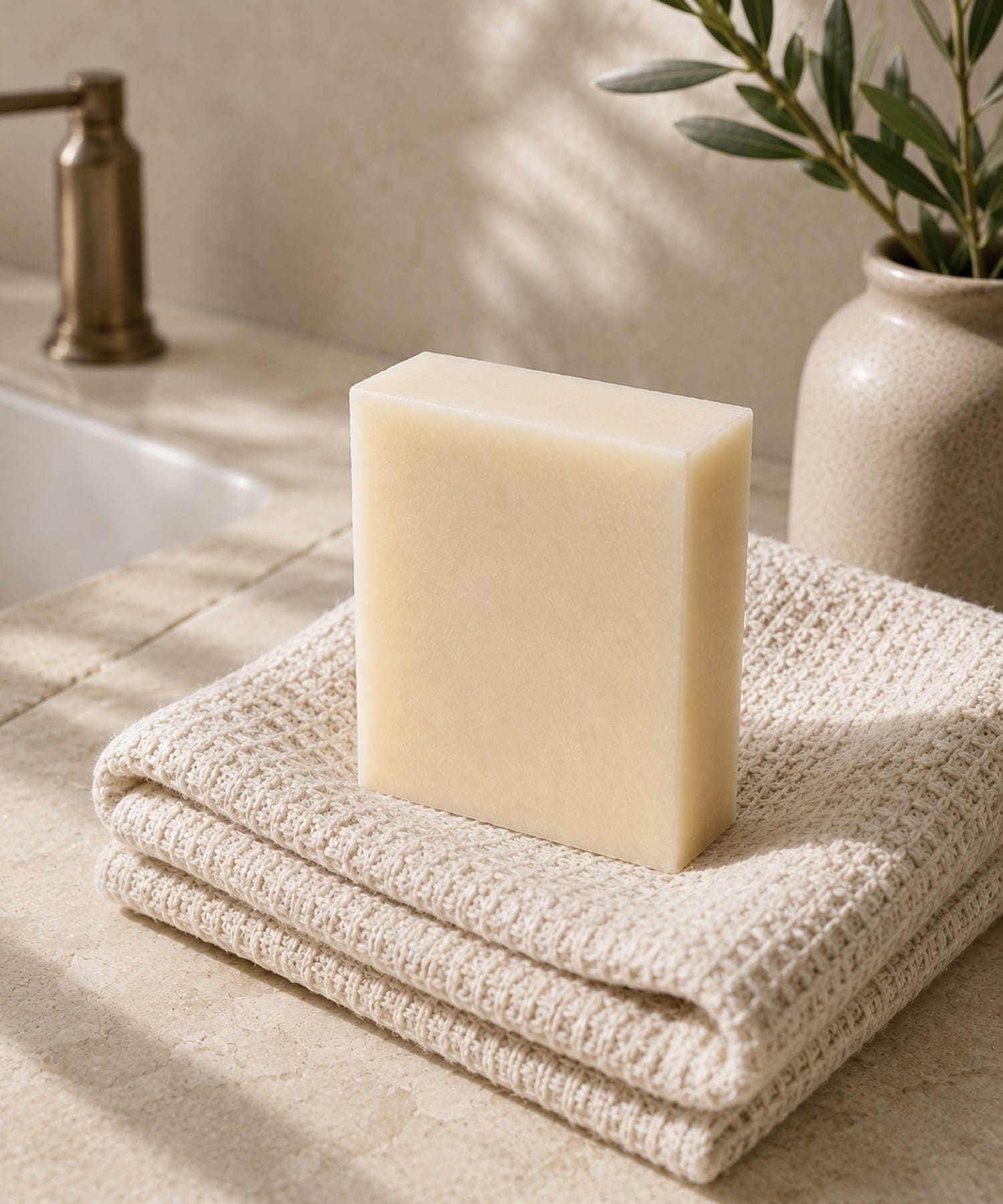 Daily Ritual Bar Shea Butter and Coconut Oil soap on a folded towel with a plant in the background.