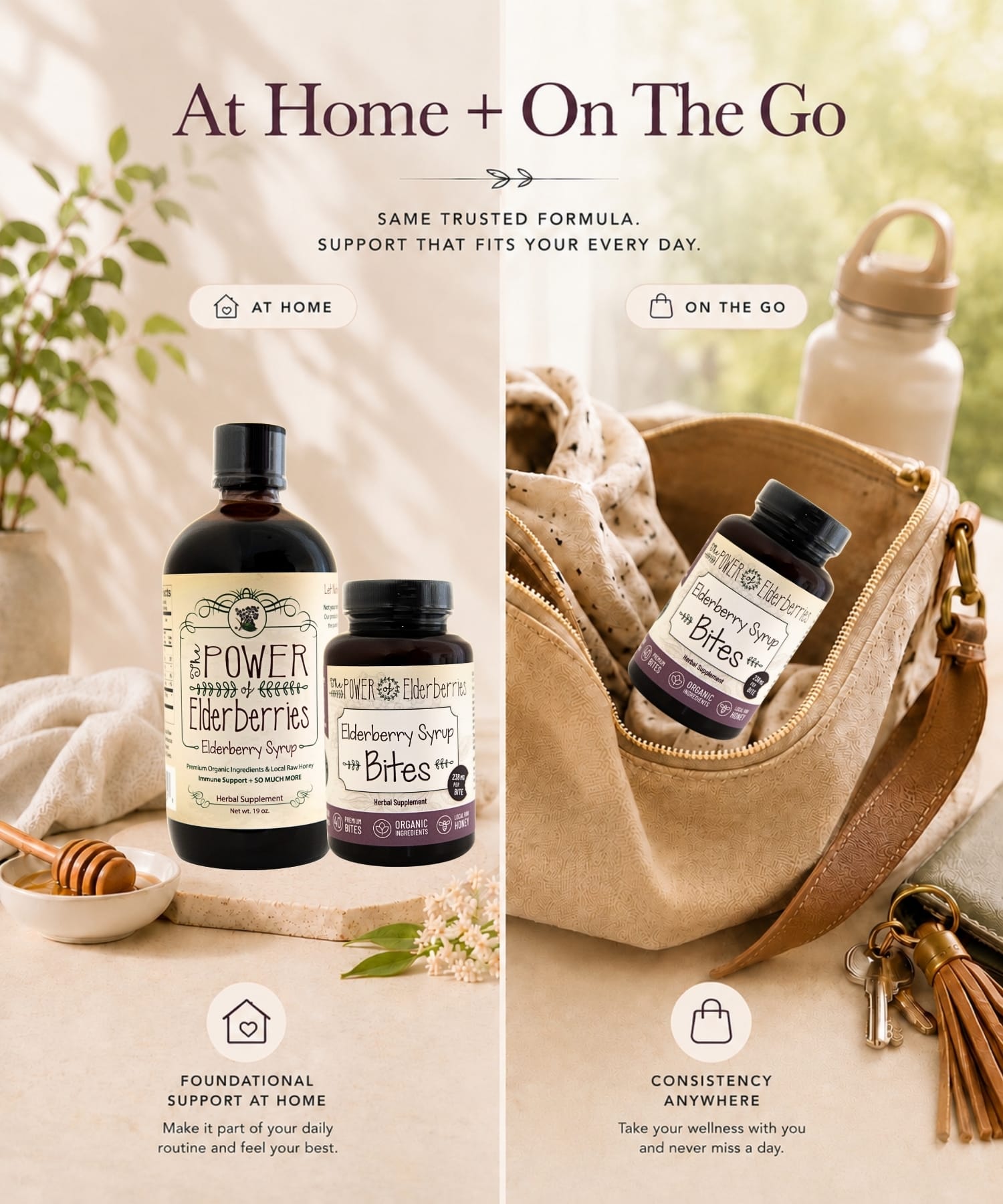 Elderberry syrup for home wellness routines paired with elderberry syrup bites for convenient on-the-go support.