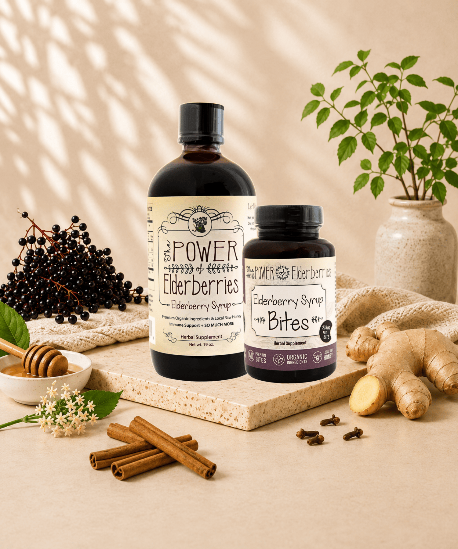 The POWER of Elderberries® Daily Essentials Bundle featuring handcrafted elderberry syrup and elderberry syrup bites made with whole food ingredients.