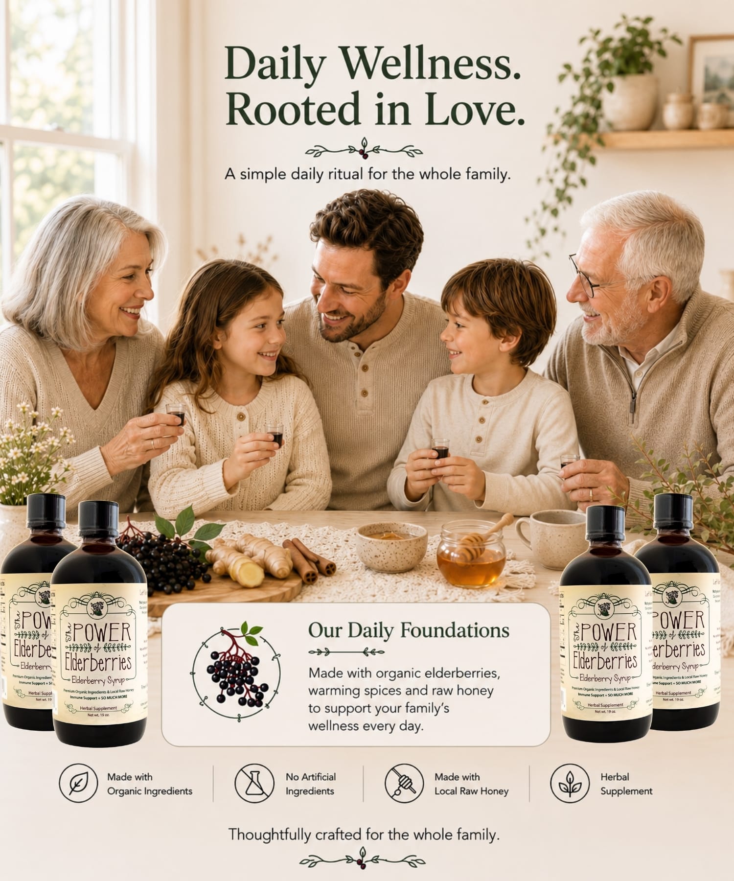 Family gathered together enjoying a daily elderberry wellness routine with handcrafted elderberry syrup.
