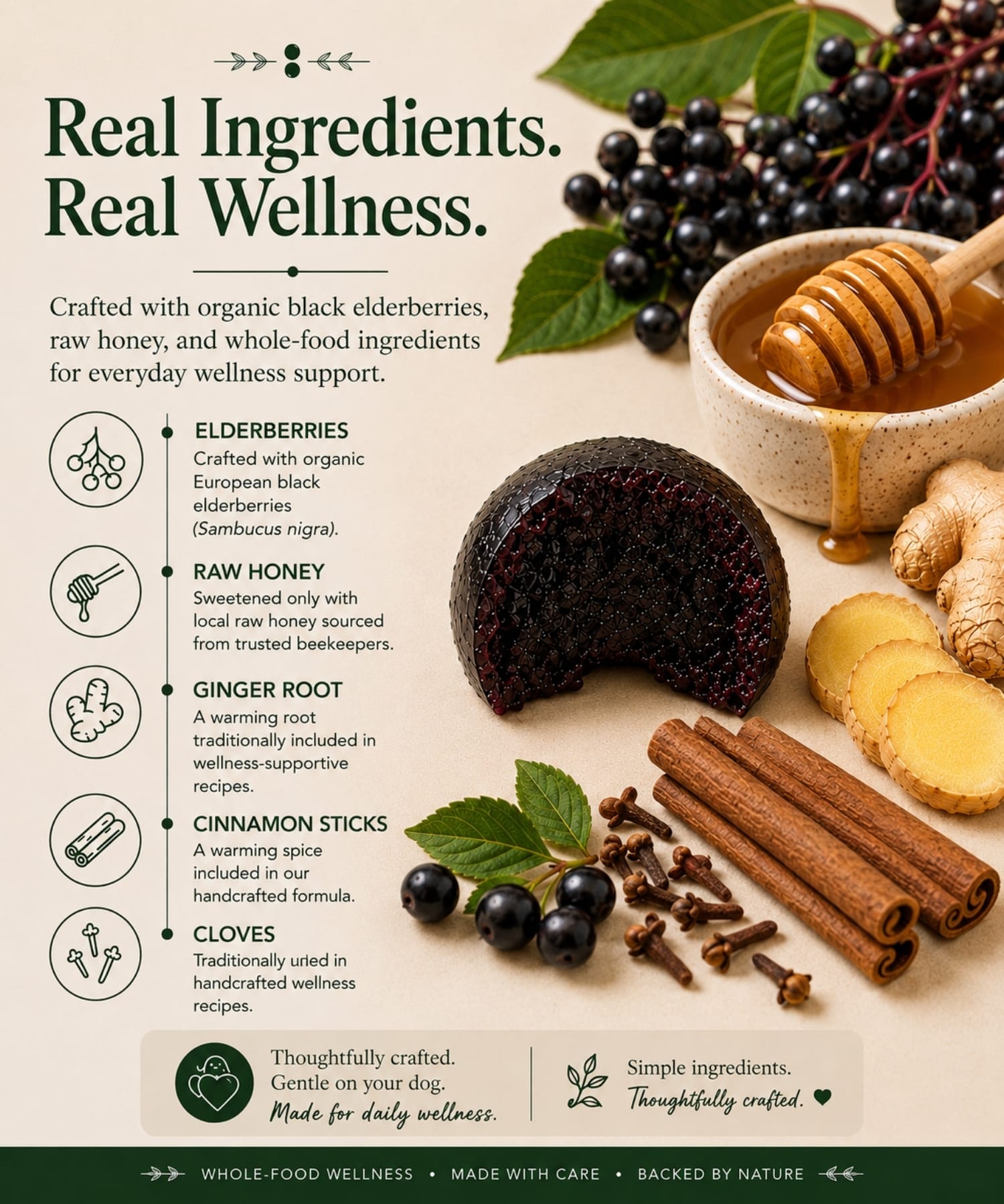 Elderberry Syrup Dog Bites™ displayed with organic elderberries, raw honey, ginger root, cinnamon sticks and cloves in a premium flat lay with light background.