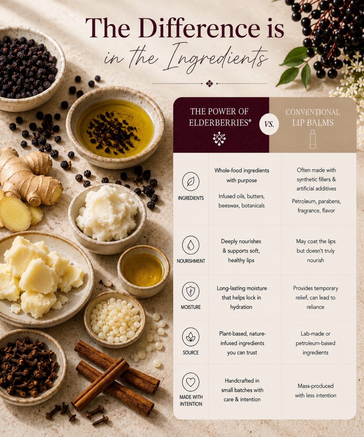 Elderberry lip butter ingredients comparison to conventional lip balms.